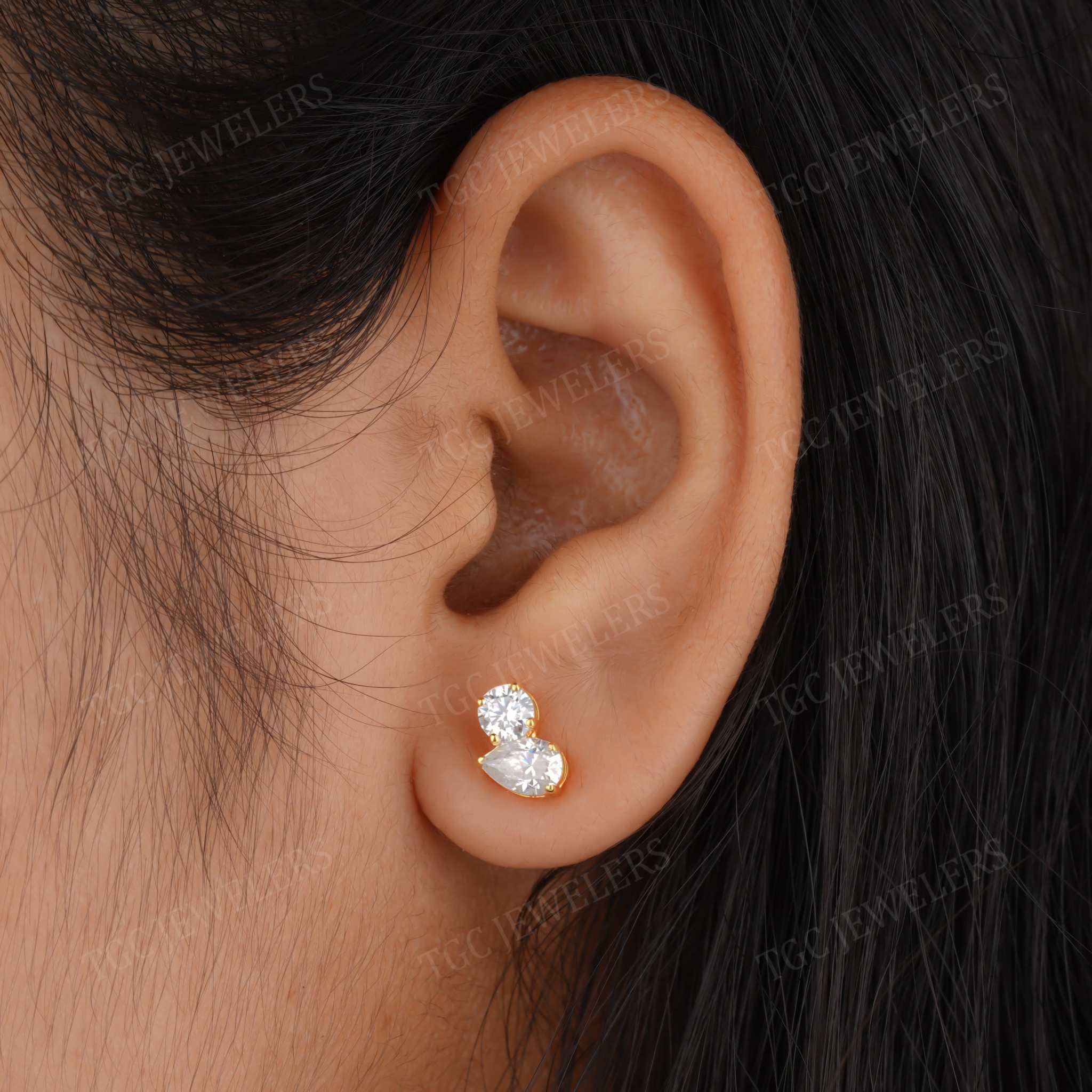 Round & Pear Cut Moissanite Toi et Moi Stud Screw Back Earring