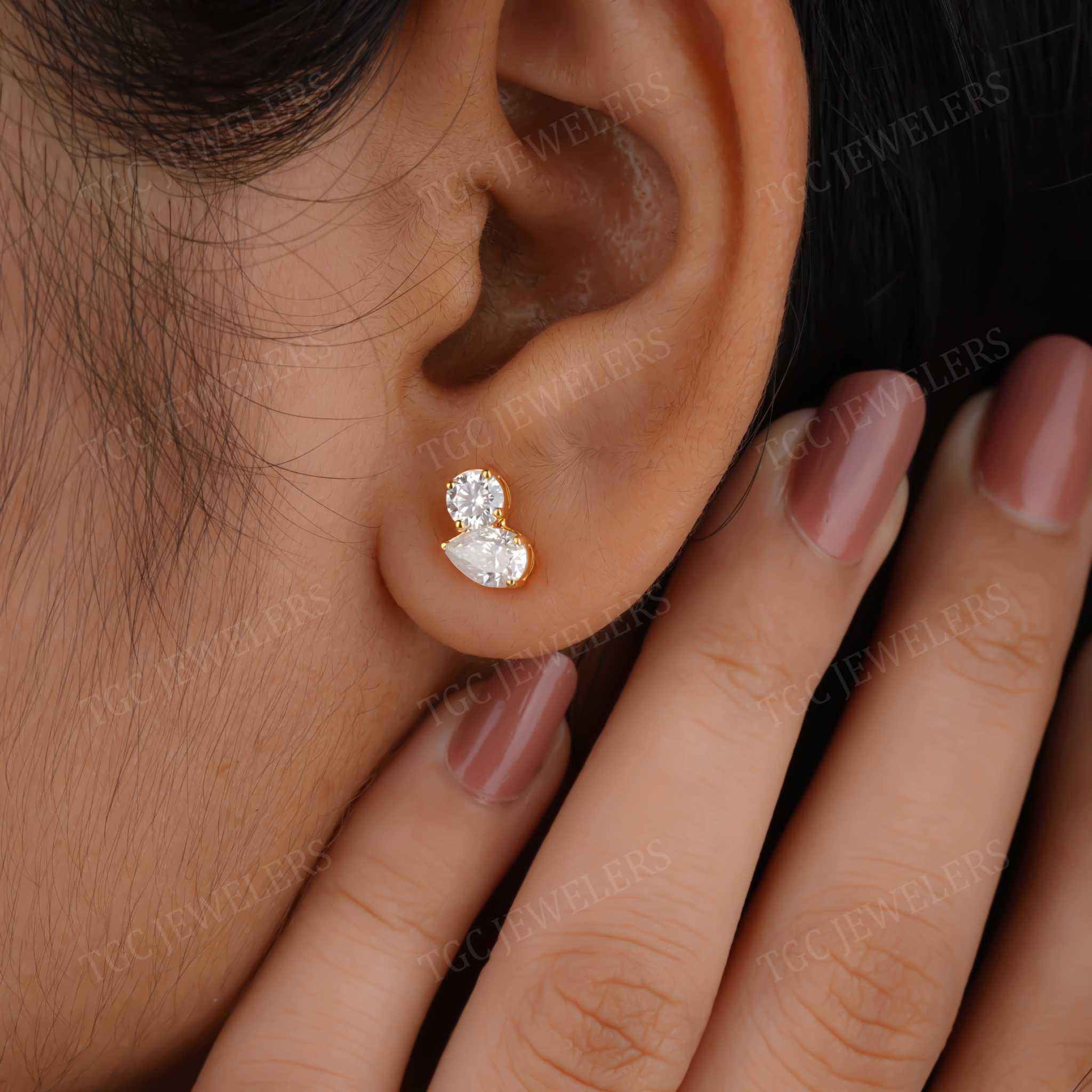 Round & Pear Cut Moissanite Toi et Moi Stud Screw Back Earring