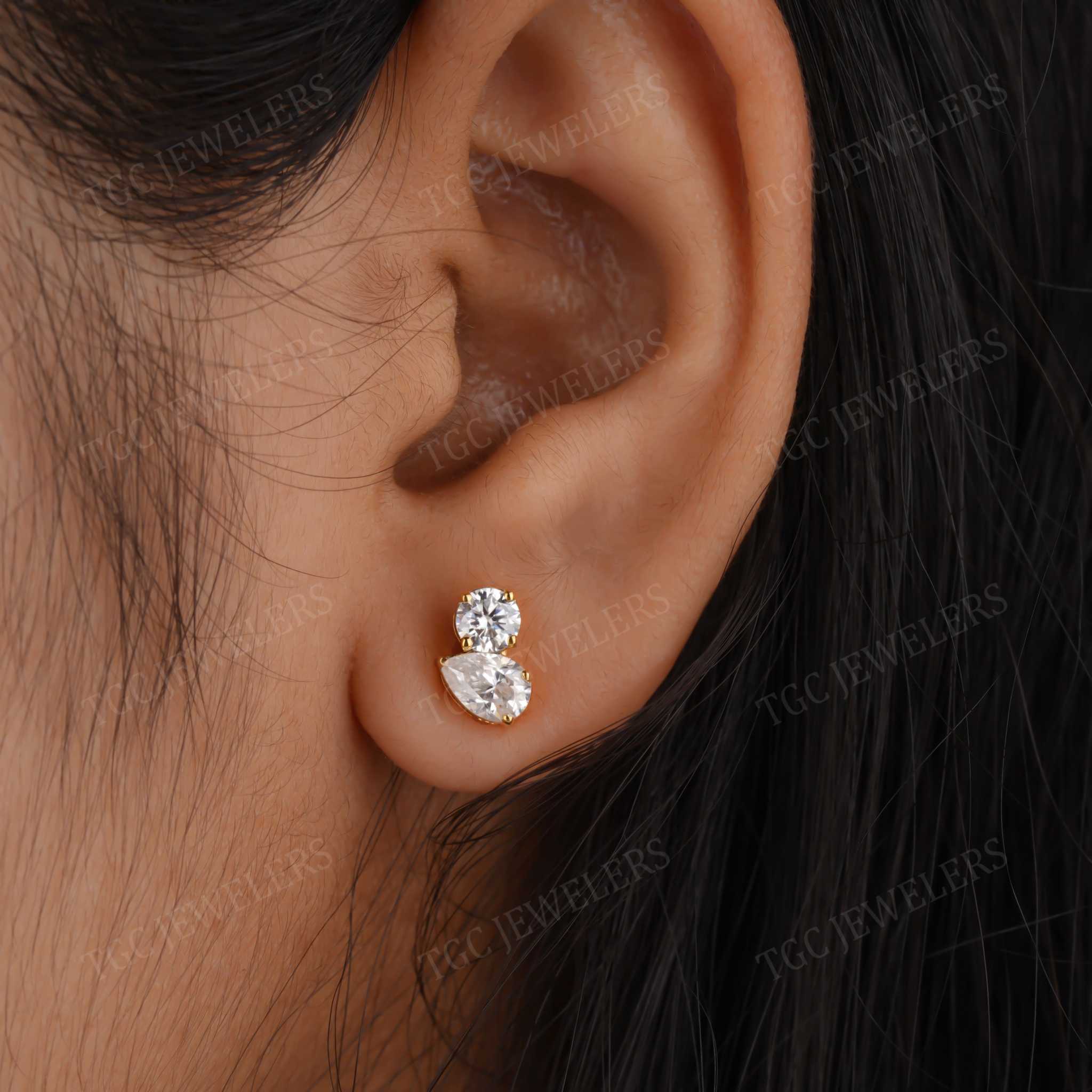 Round & Pear Cut Moissanite Toi et Moi Stud Screw Back Earring