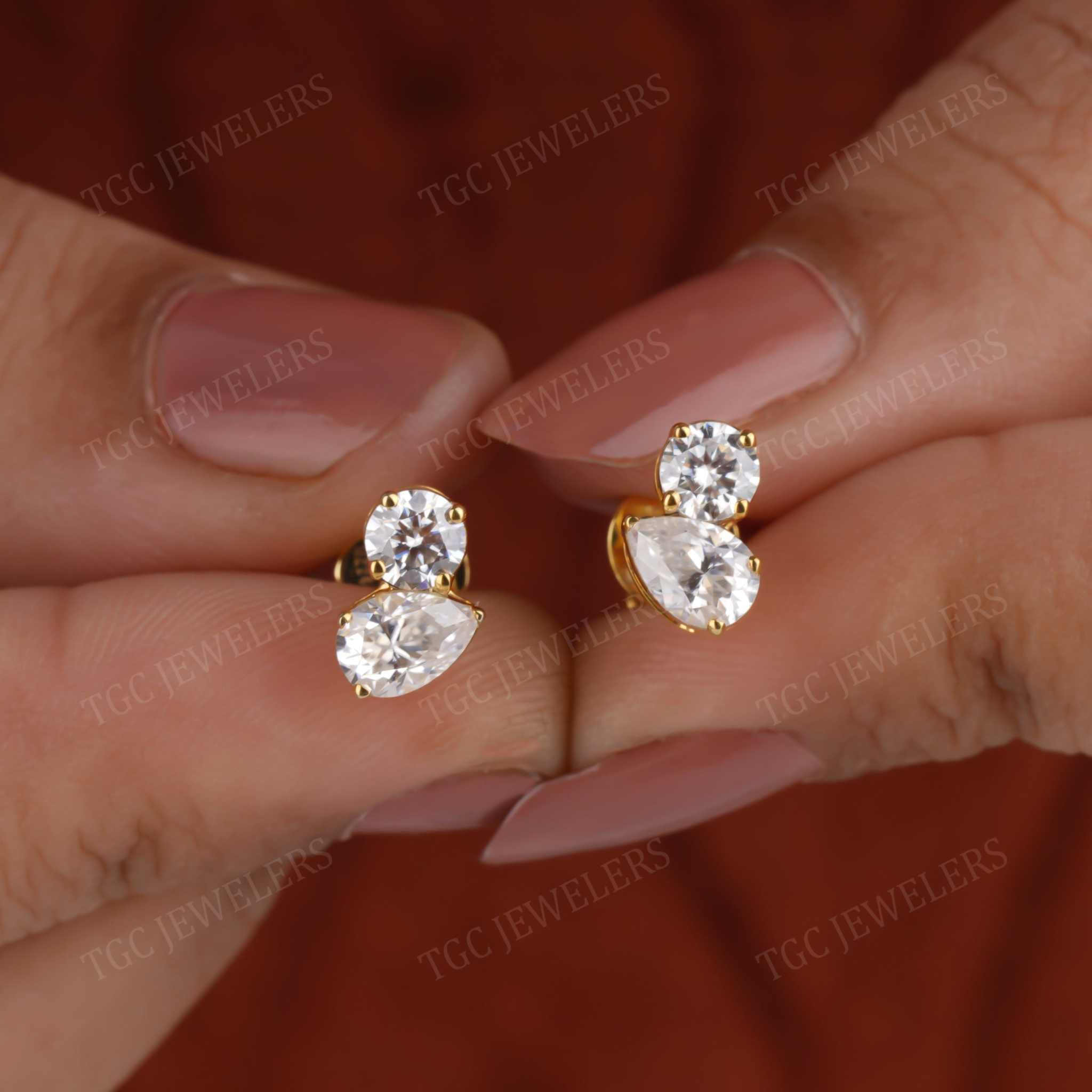 Round & Pear Cut Moissanite Toi et Moi Stud Screw Back Earring