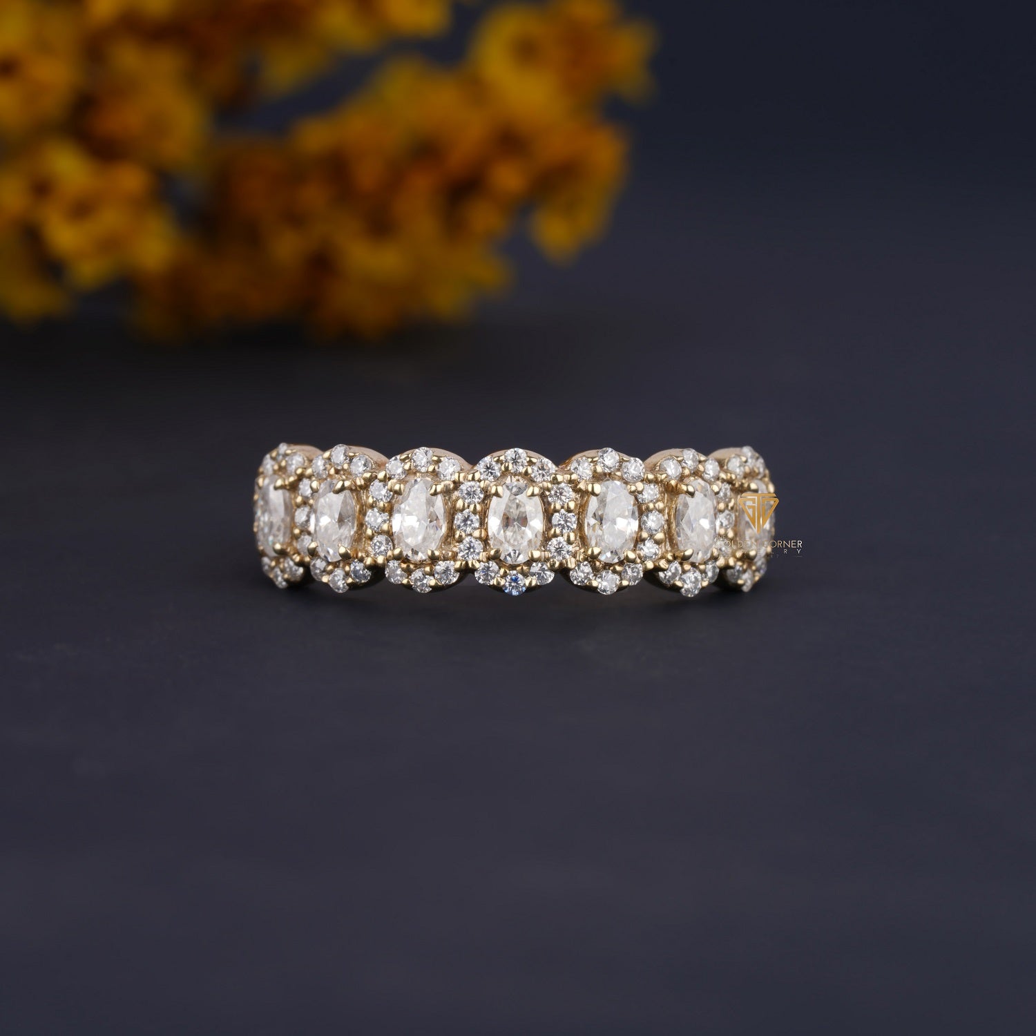 0.70 CT Moissanite Halo Oval Shape Half Eternity Wedding Band