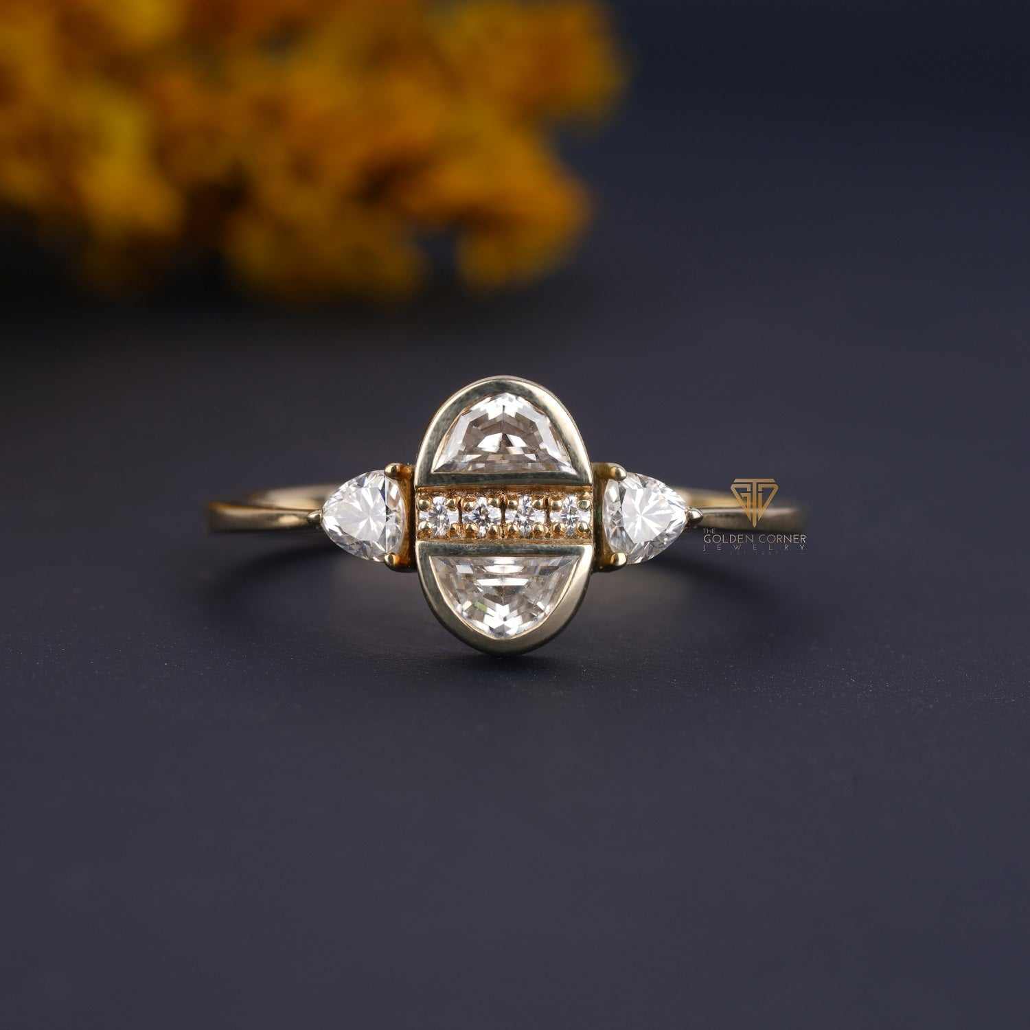 Vintage Oval Shaped Half Moon Cut Moissanite Art Deco Ring