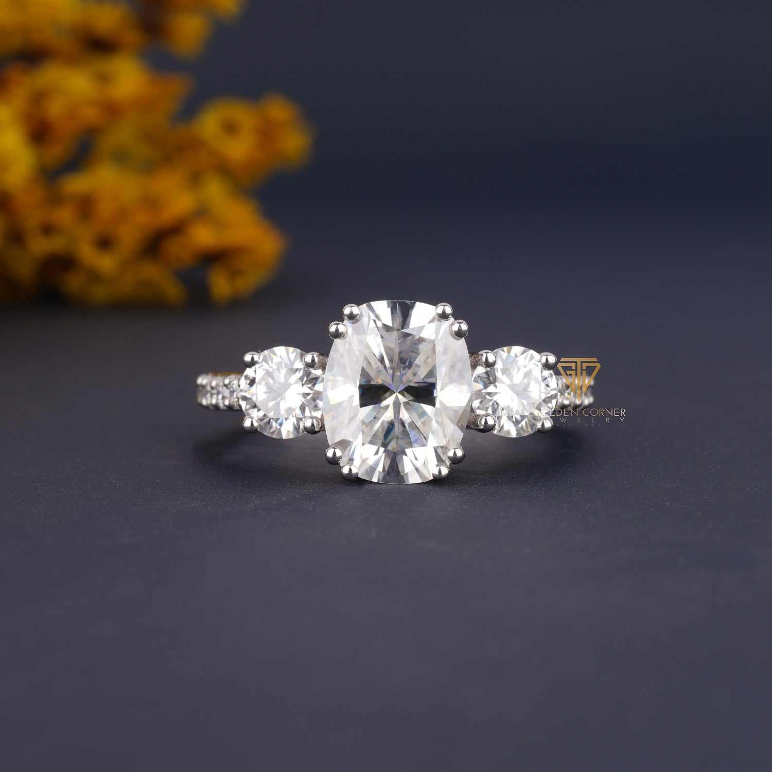 3 Stone Meghan Markle Replica Elongated Cushion Cut Moissanite Ring