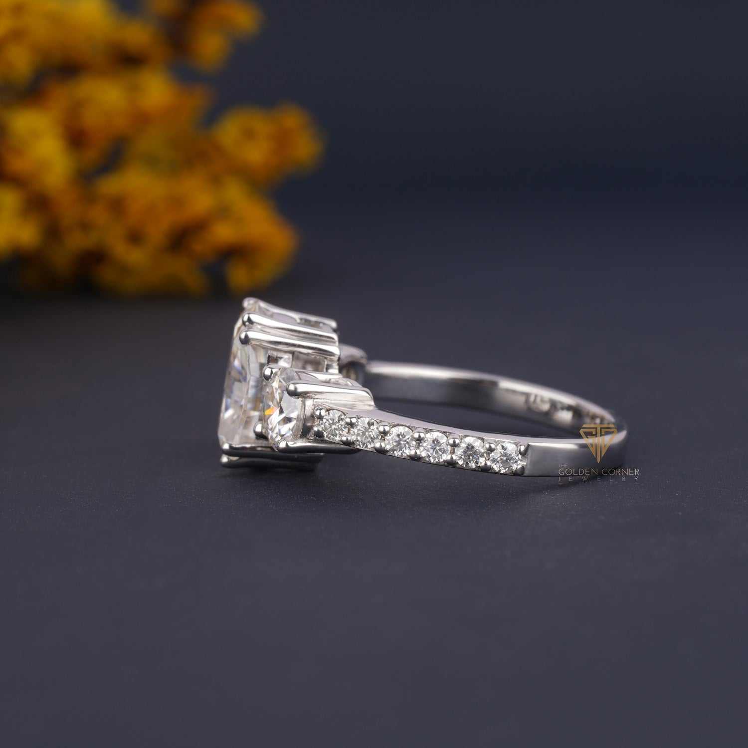 3 Stone Meghan Markle Replica Elongated Cushion Cut Moissanite Ring