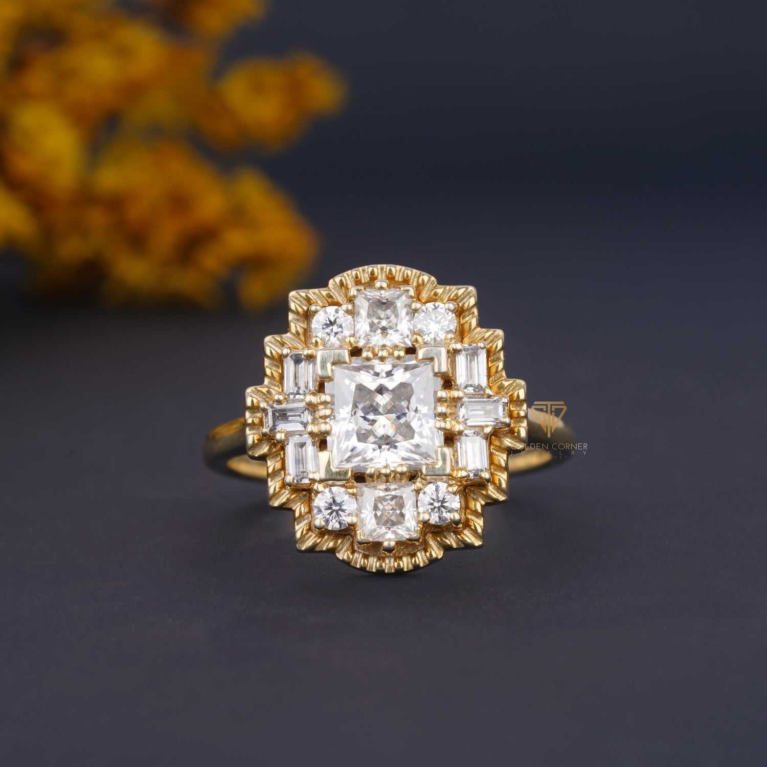 Milgrain Set Art Deco Multi Shape Moissanite Engagement Ring