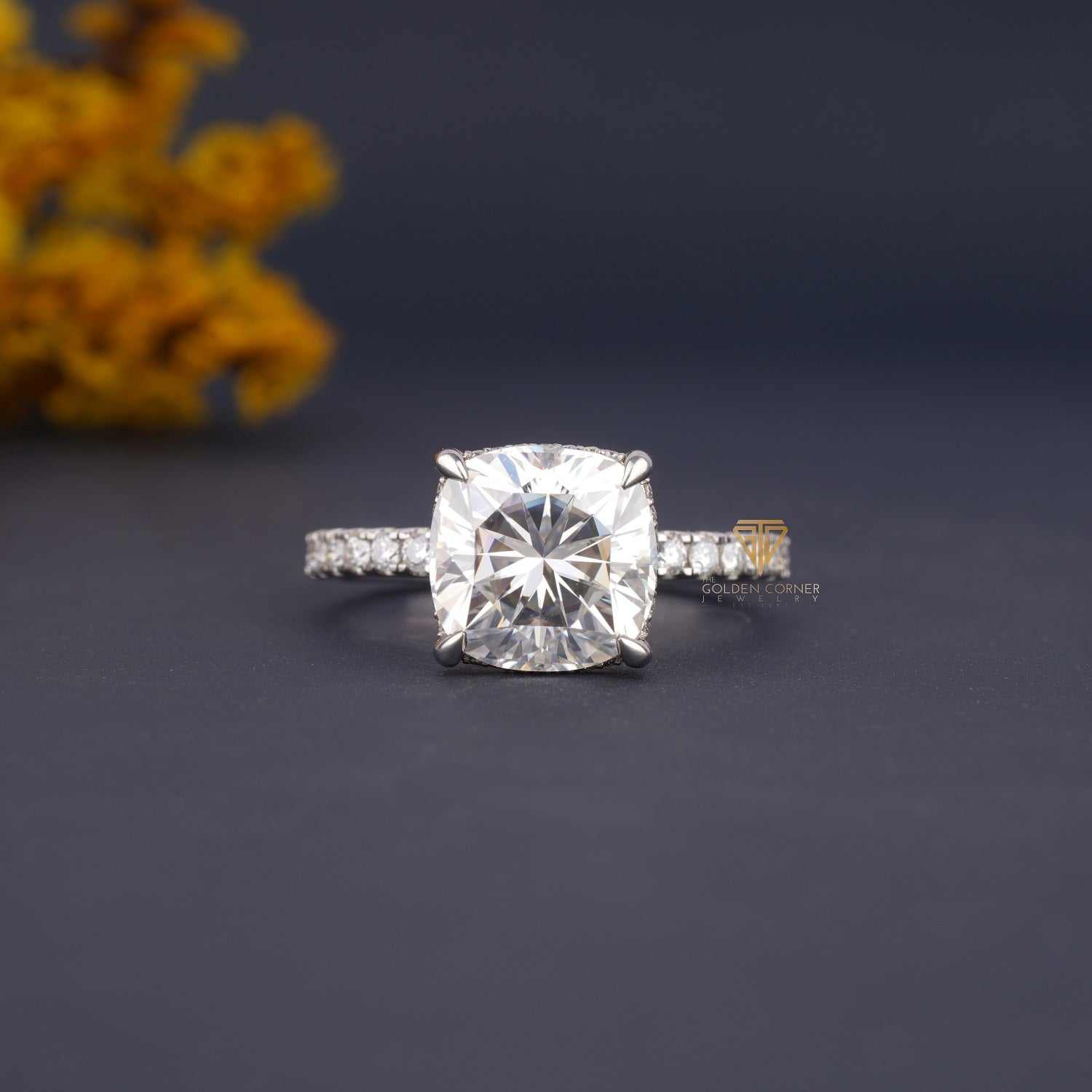 Hidden Halo Cushion Cut Moissanite Prong Set Solitaire Ring