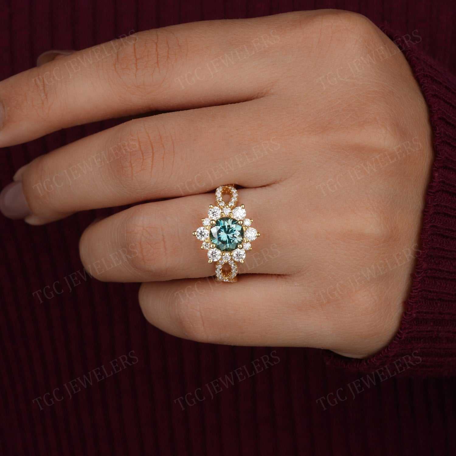 Vintage Halo Round Cut Cyan Blue Moissanite Ring