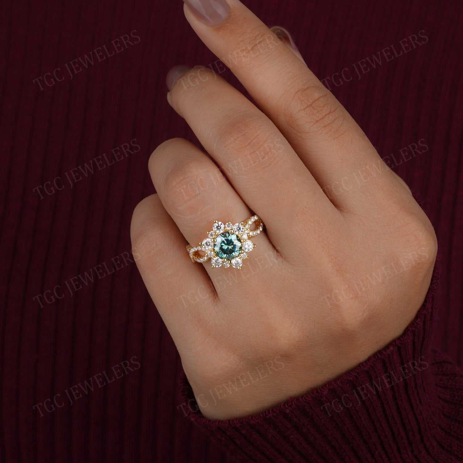 Vintage Halo Round Cut Cyan Blue Moissanite Ring