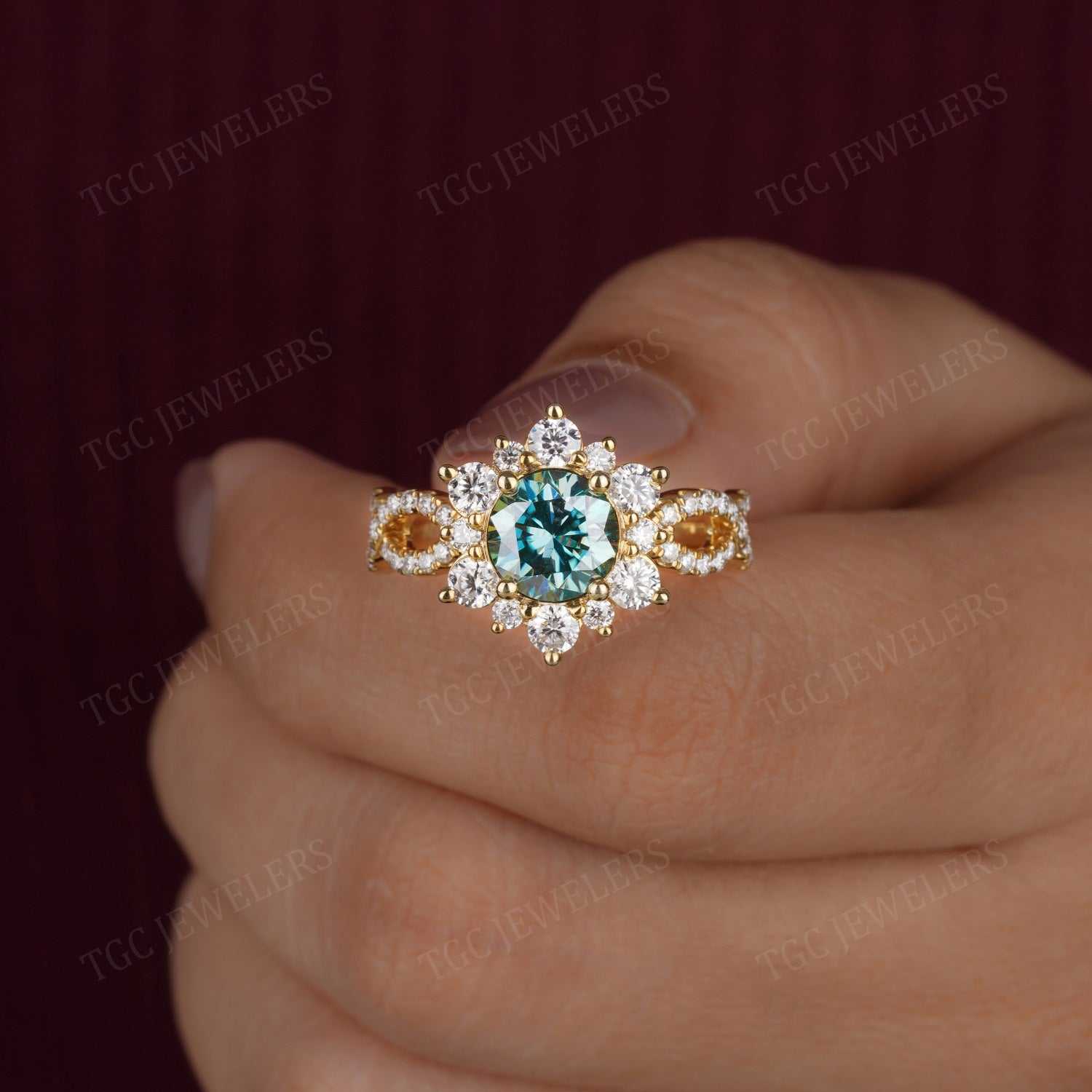 Vintage Halo Round Cut Cyan Blue Moissanite Ring