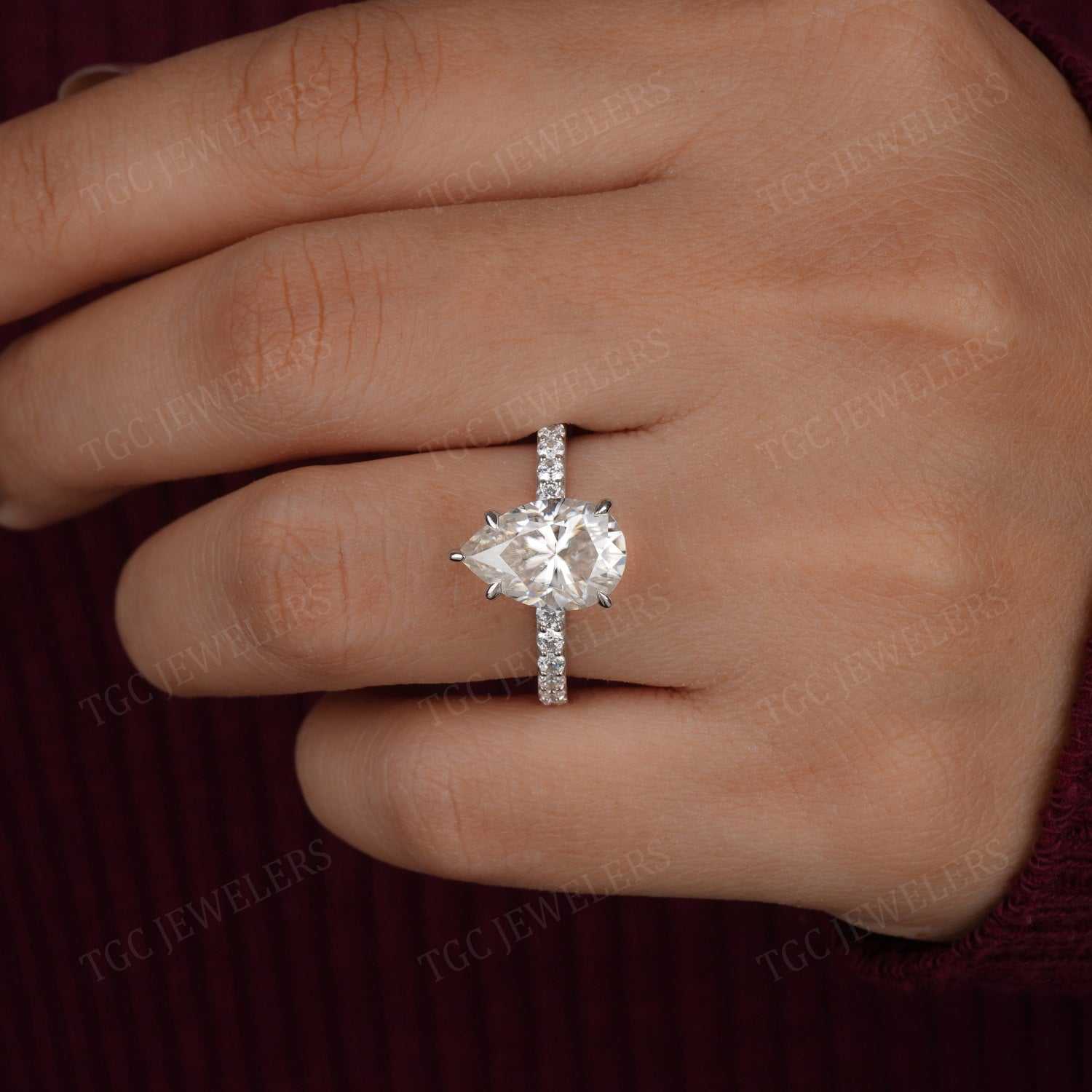 Pear Shape Hidden Halo Prong Set Moissanite Ring