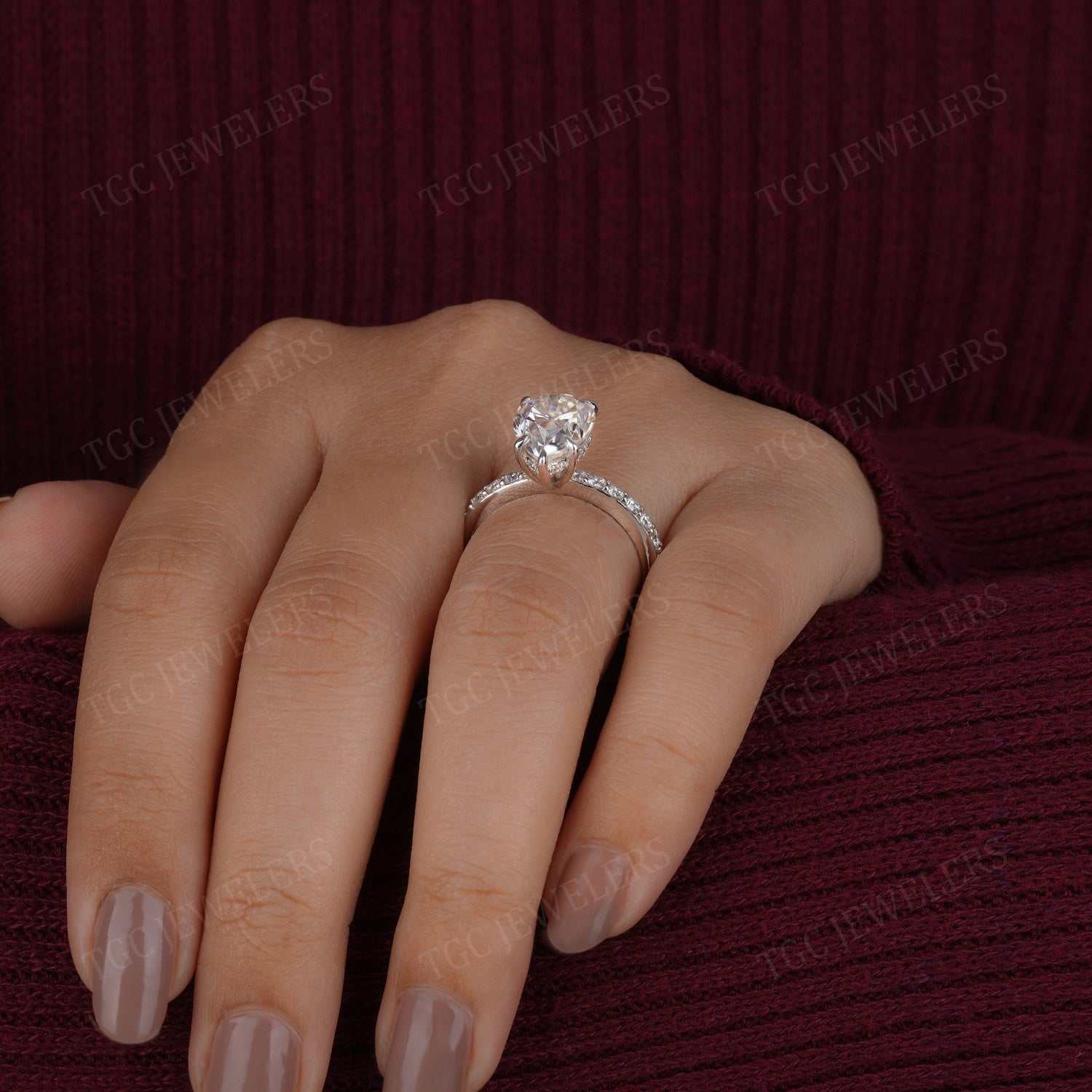 Pear Shape Hidden Halo Prong Set Moissanite Ring