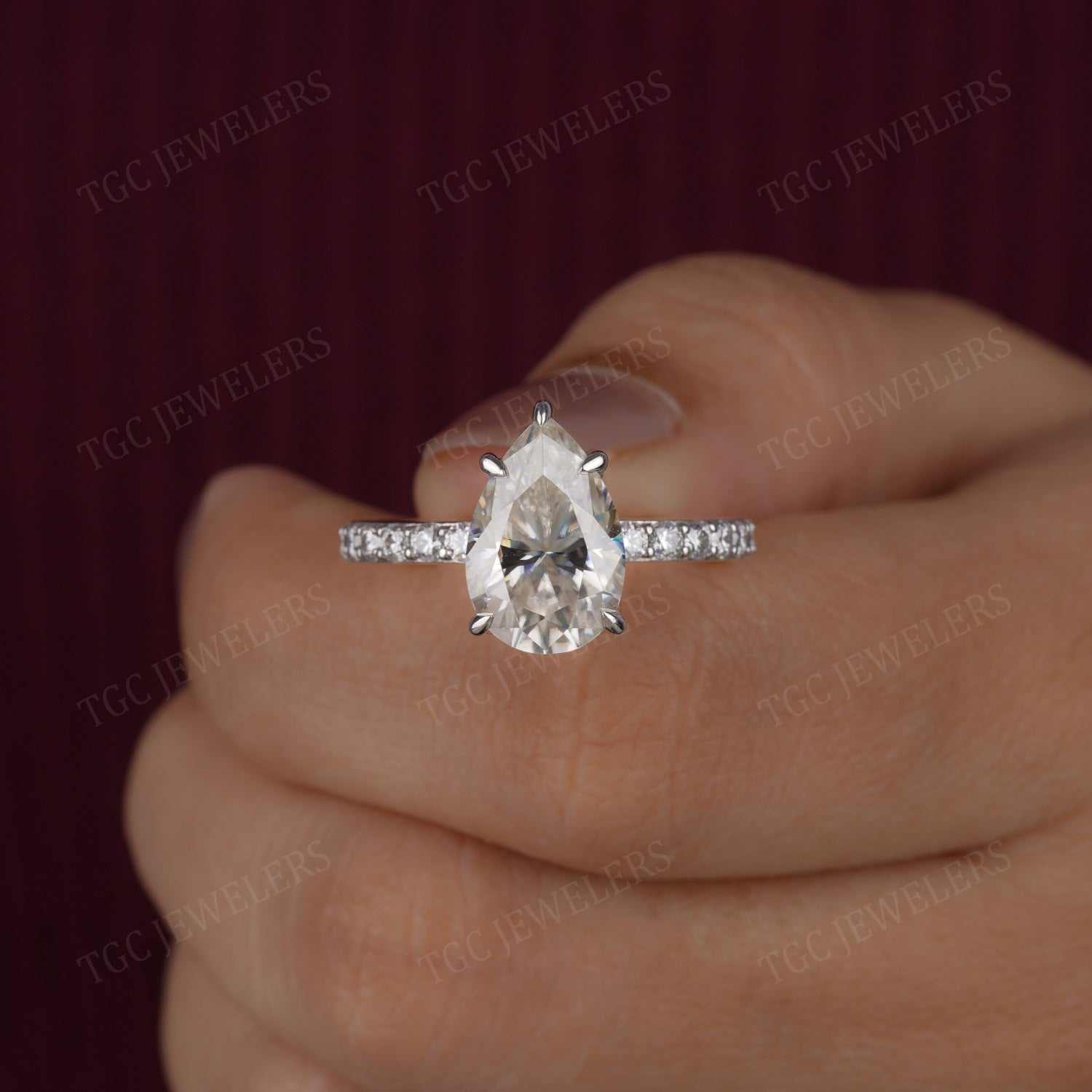 Pear Shape Hidden Halo Prong Set Moissanite Ring