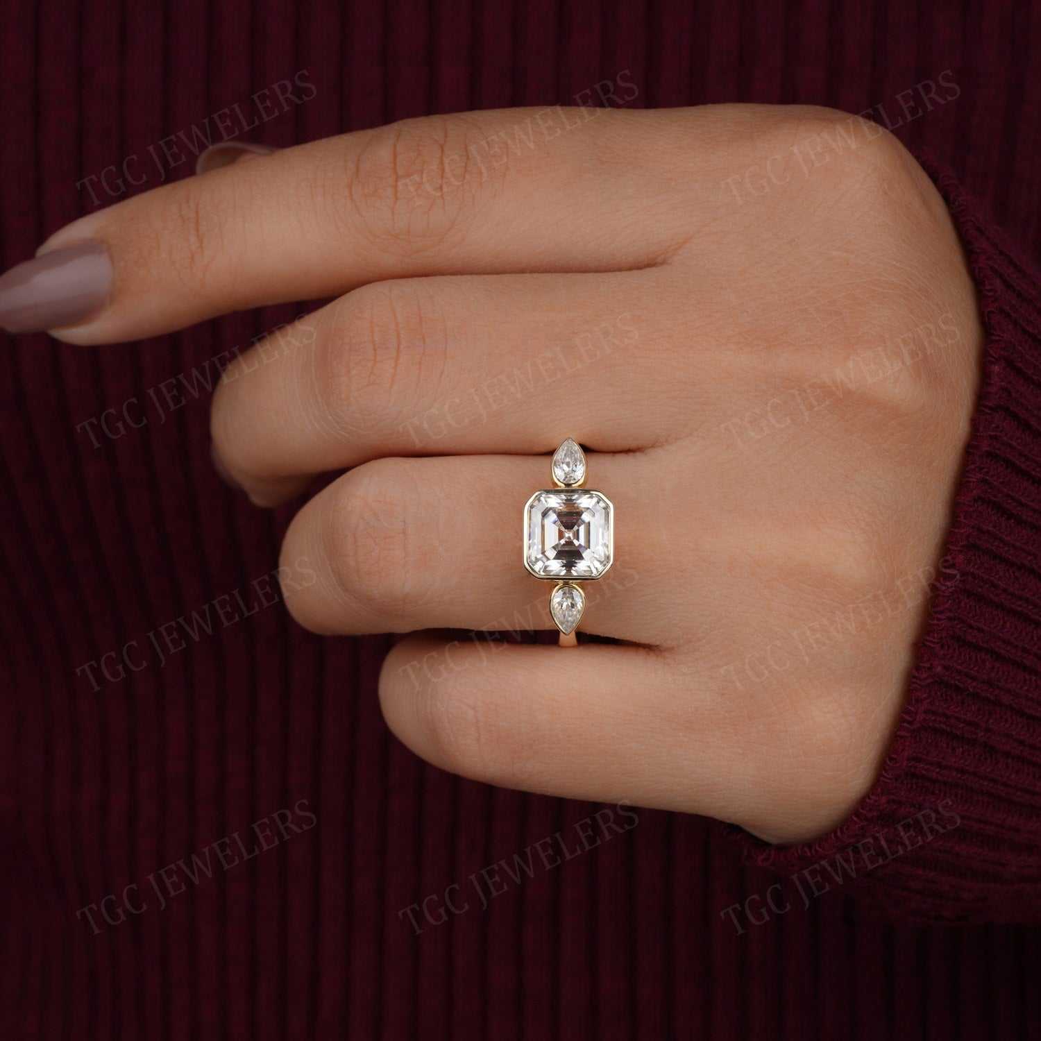 3 Stone Bezel Set Asscher & Pear Shape Moissanite Ring