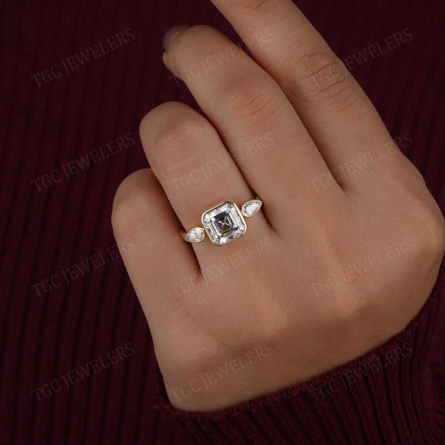 3 Stone Bezel Set Asscher & Pear Shape Moissanite Ring