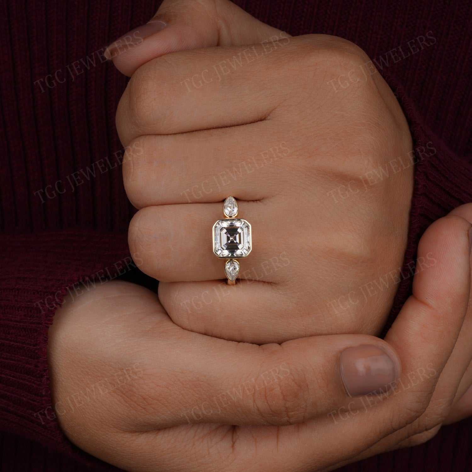 3 Stone Bezel Set Asscher & Pear Shape Moissanite Ring