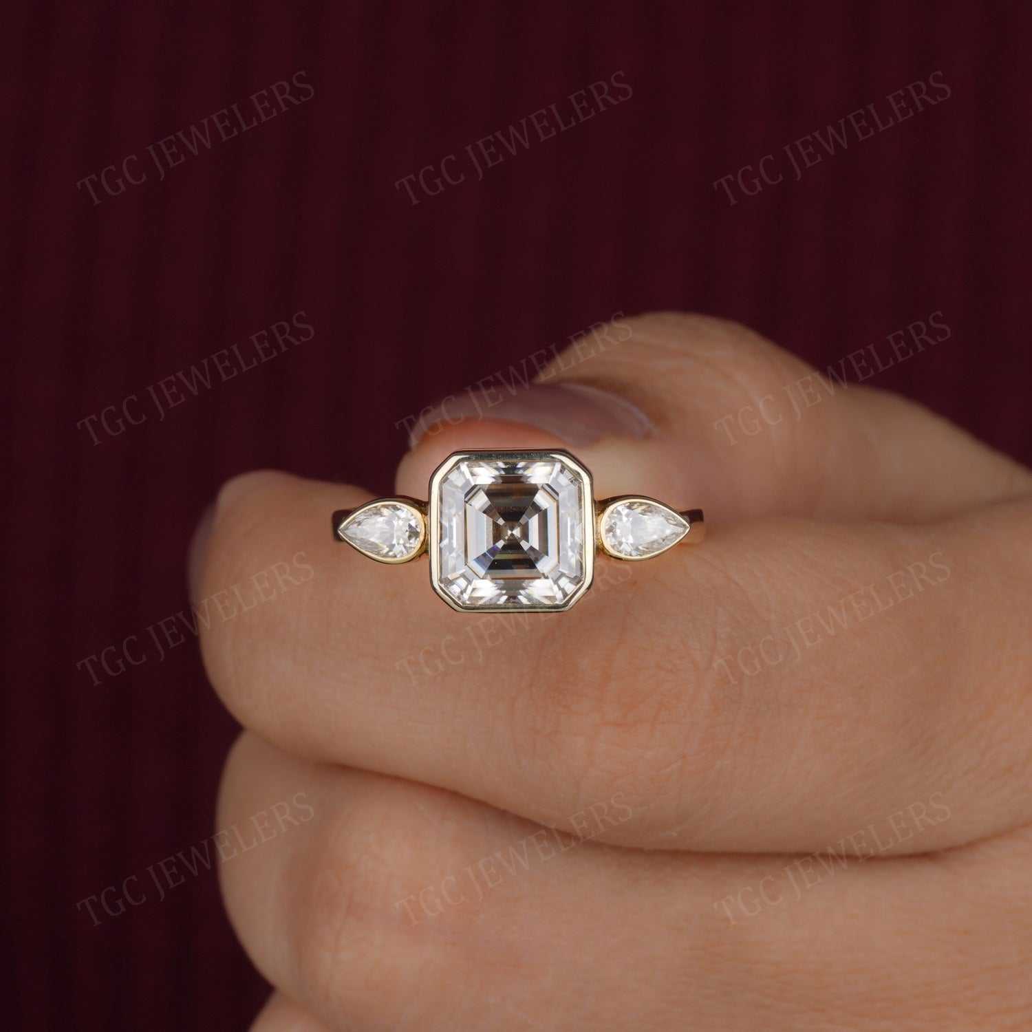 3 Stone Bezel Set Asscher & Pear Shape Moissanite Ring