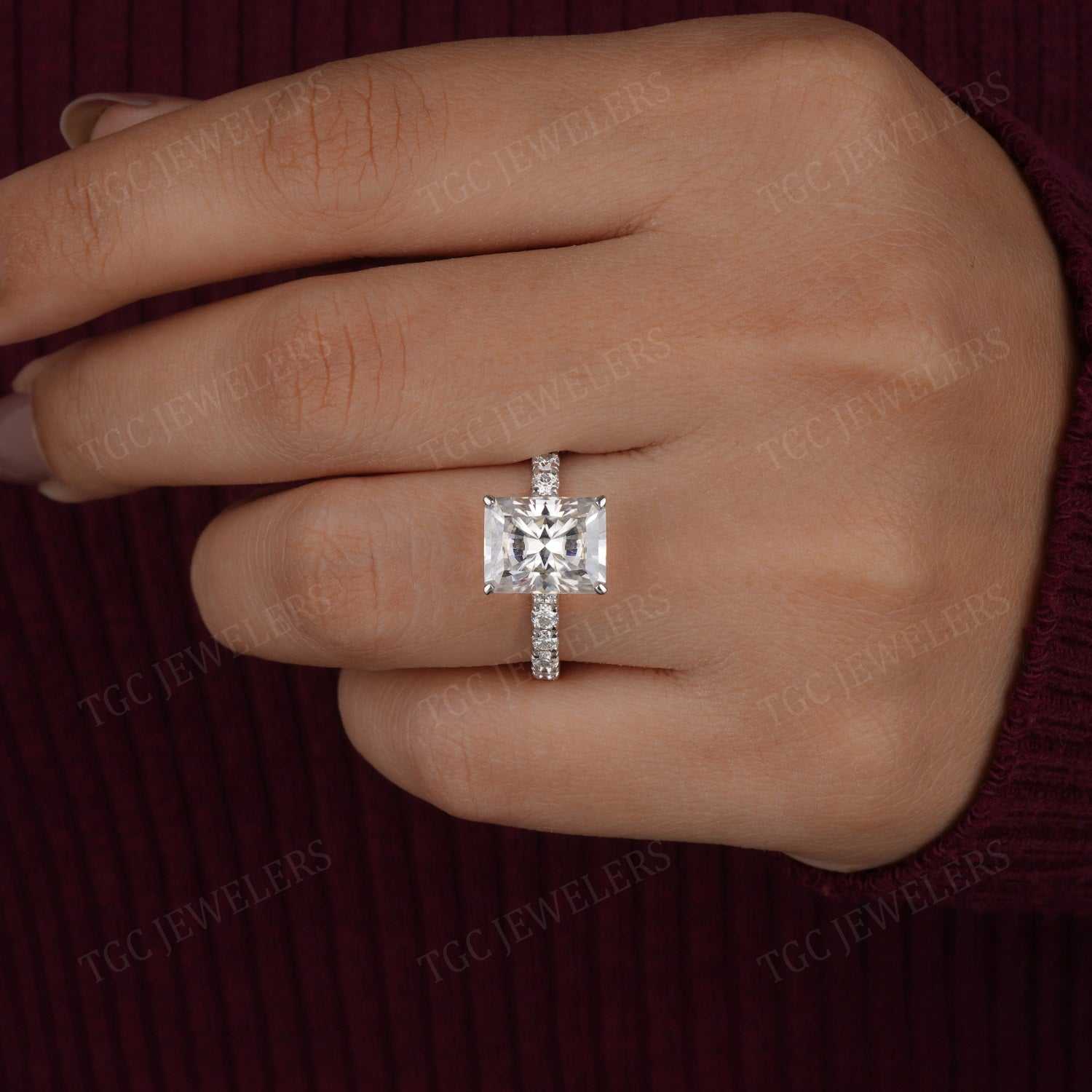 Prong Set Hidden Halo Radiant Shape Moissanite Ring