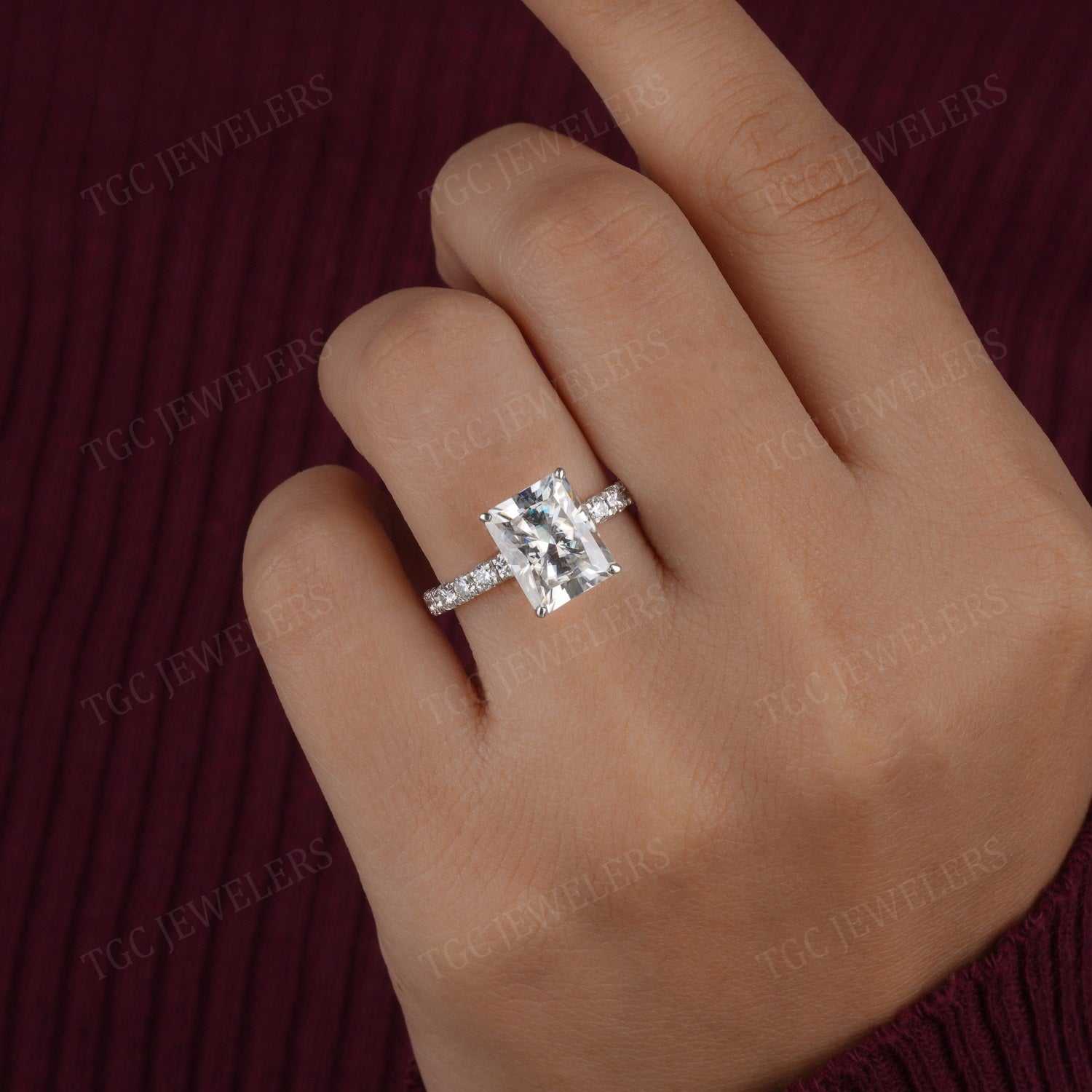 Prong Set Hidden Halo Radiant Shape Moissanite Ring