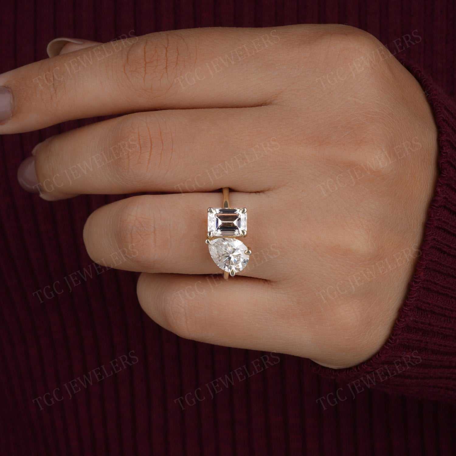 Pear and Emerald Cut Moissanite Toi et Moi Ring