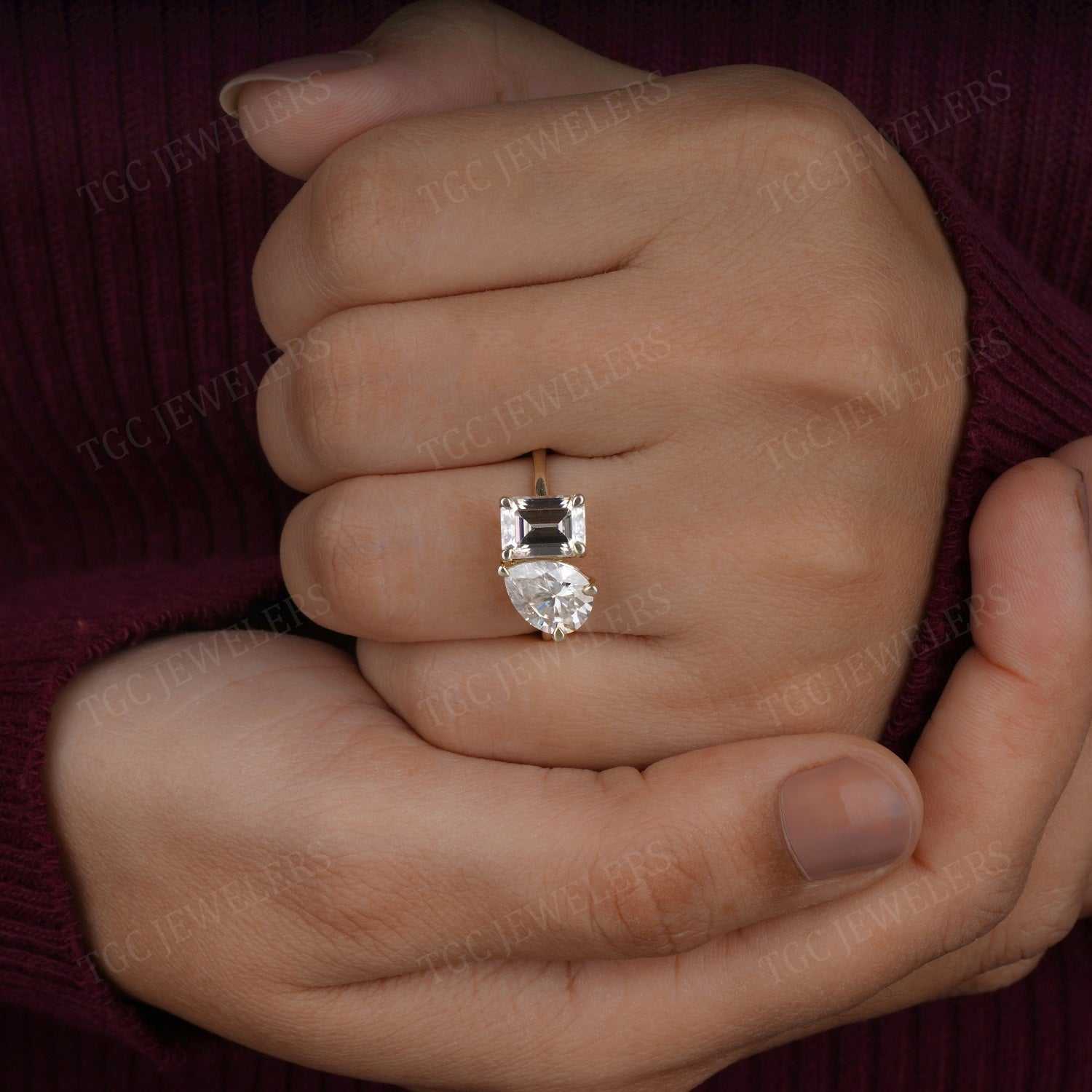 Pear and Emerald Cut Moissanite Toi et Moi Ring