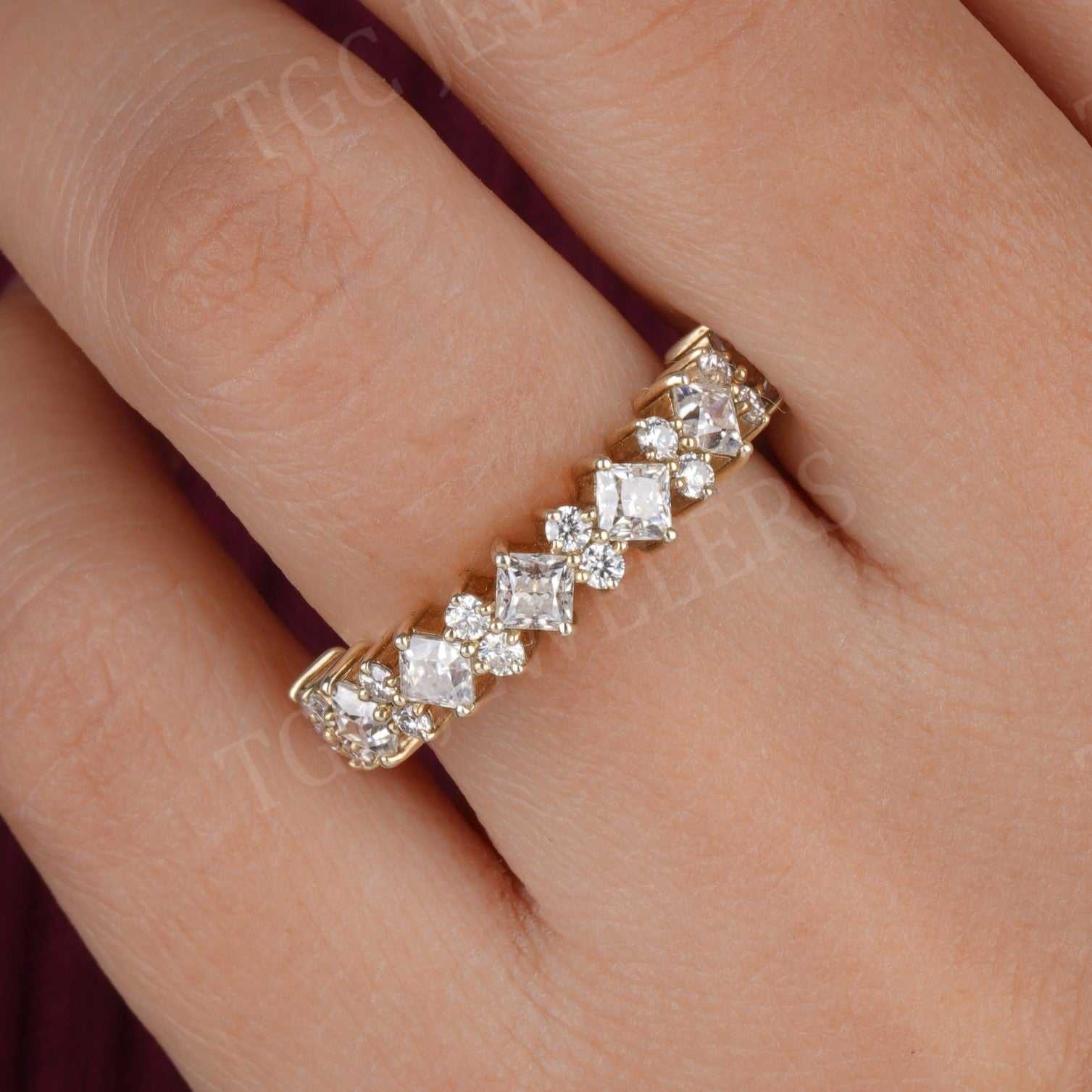 Cluster Moissanite Princess & Round Cut Half Eternity Band