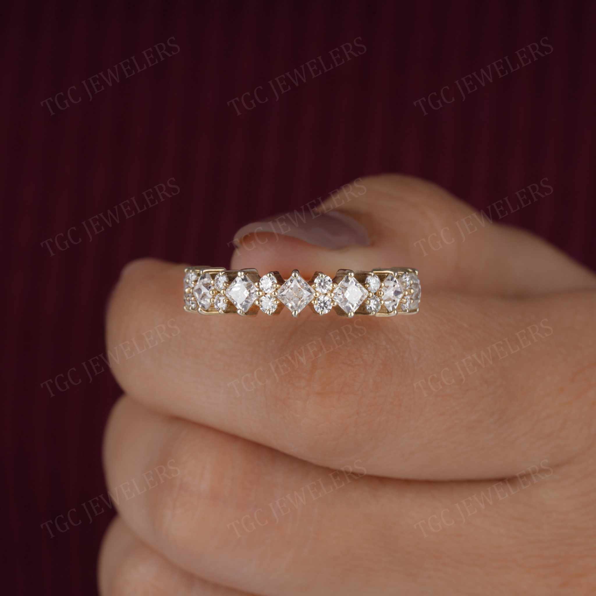 Cluster Moissanite Princess & Round Cut Half Eternity Band