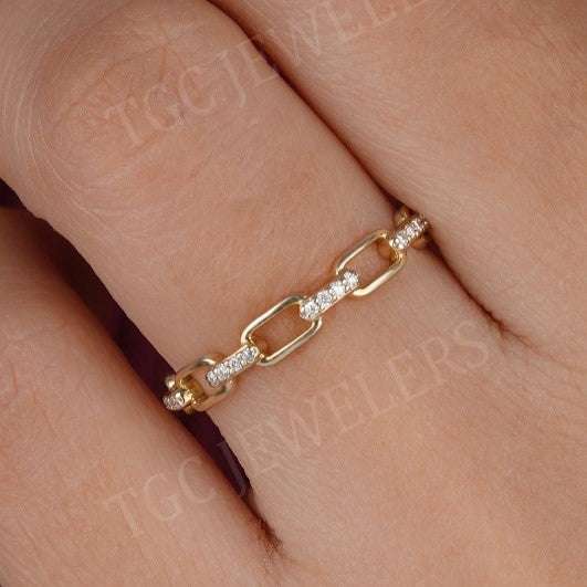 Cuban Chain link Round Cut Moissanite Stackable Full Eternity Band