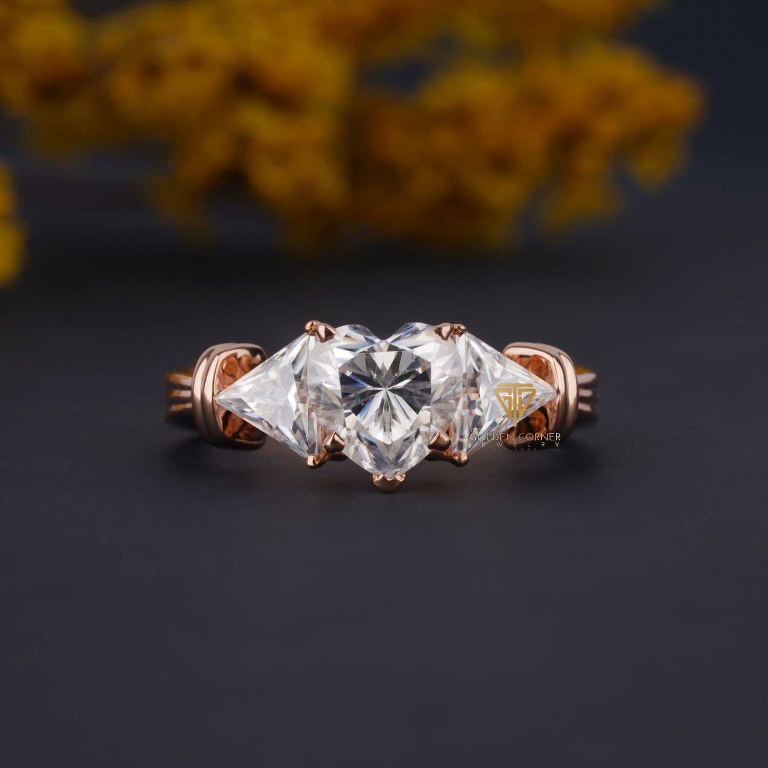 Heart & Tringle Three Stone Unique Moissanite Wedding Ring