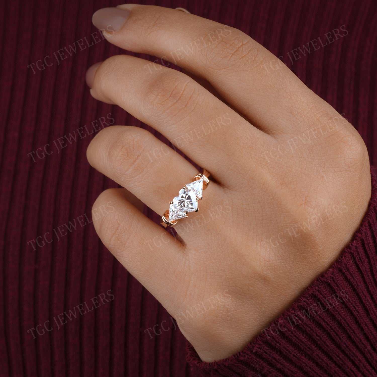 Heart & Tringle Three Stone Unique Moissanite Wedding Ring