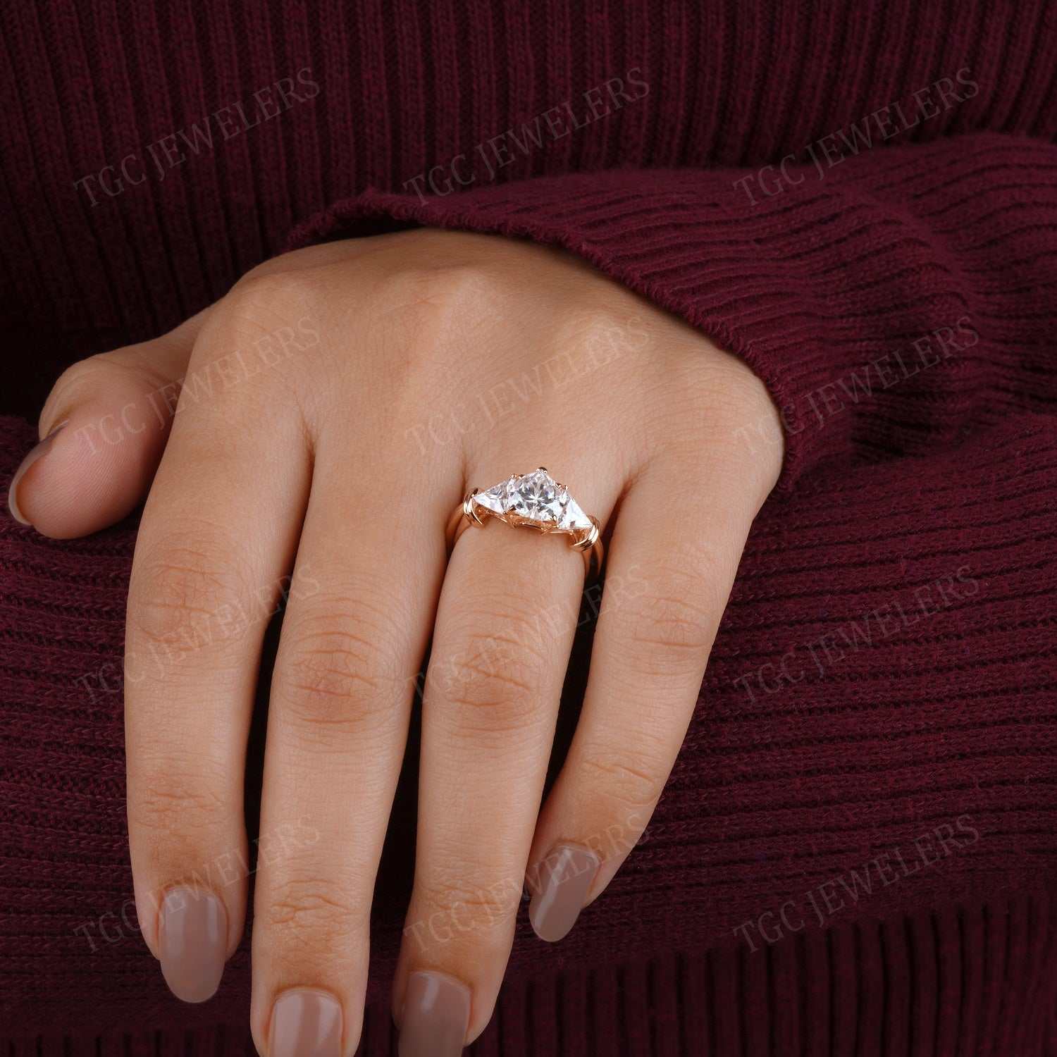 Heart & Tringle Three Stone Unique Moissanite Wedding Ring