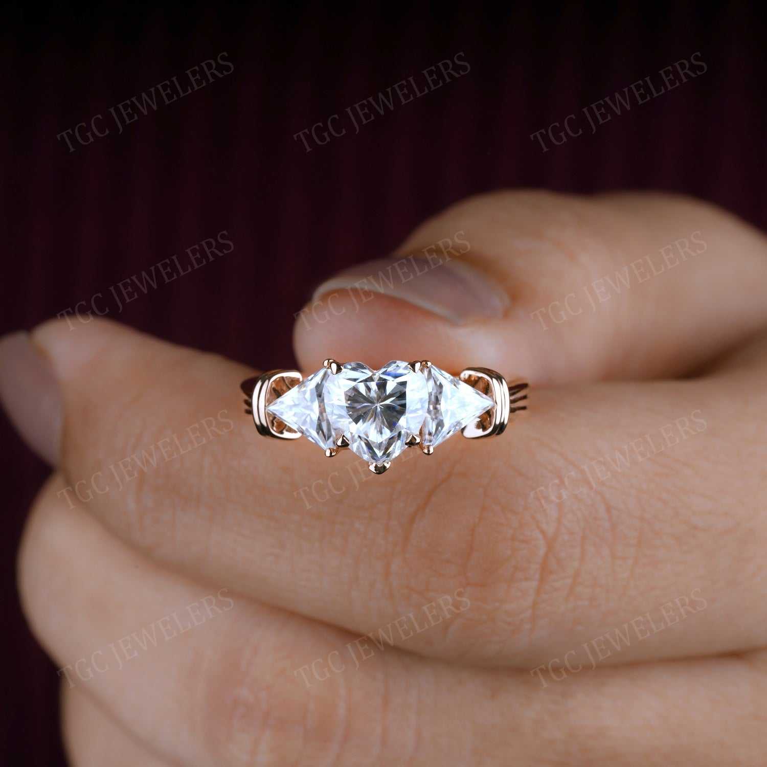 Heart & Tringle Three Stone Unique Moissanite Wedding Ring