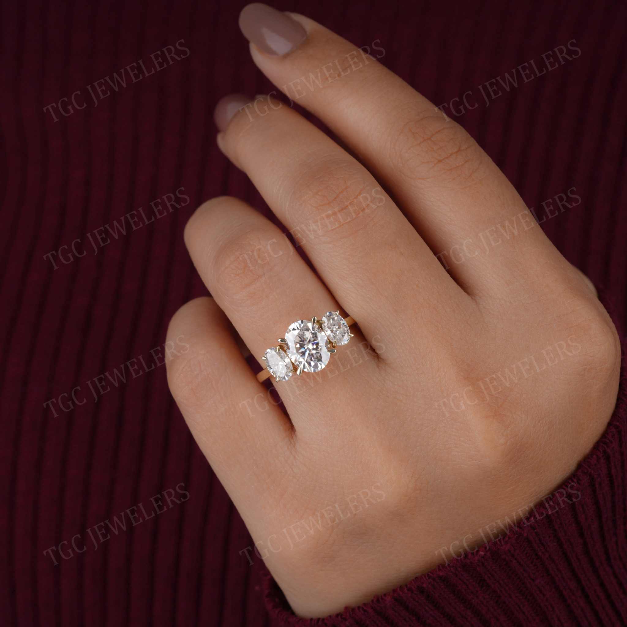 2.35 CT Oval Shape Three Stone Prong Set Moissanite Ring