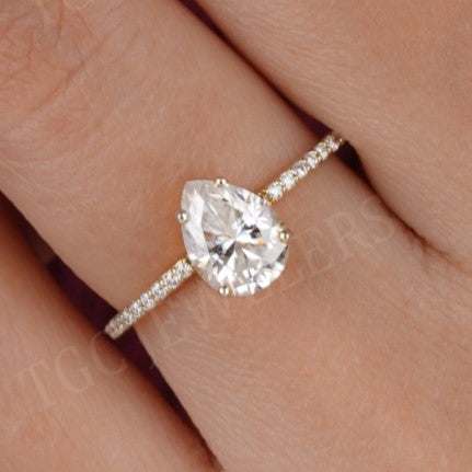 Pear Cut Moissanite Solitaire Pave Set Half Eternity Ring