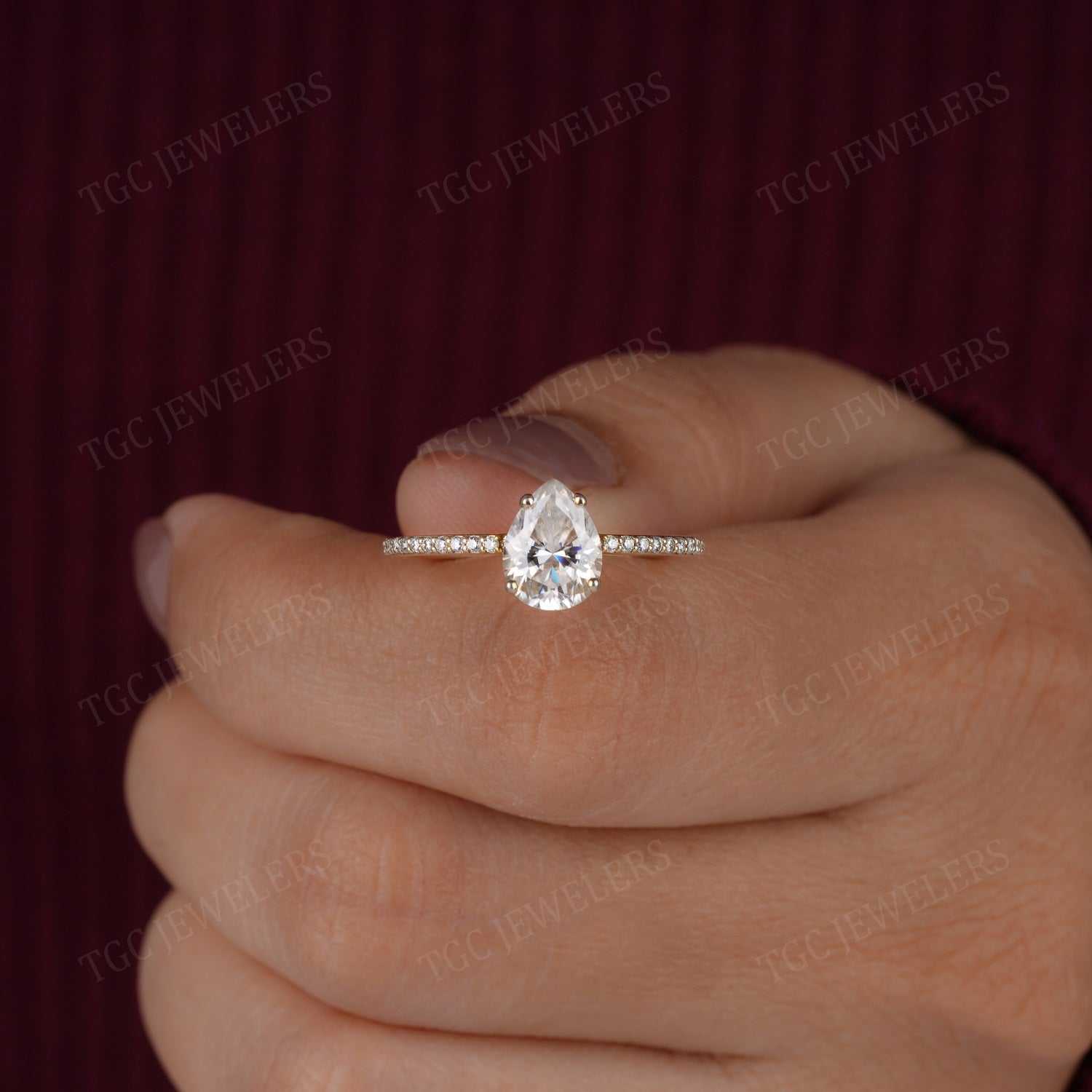 Pear Cut Moissanite Solitaire Pave Set Half Eternity Ring