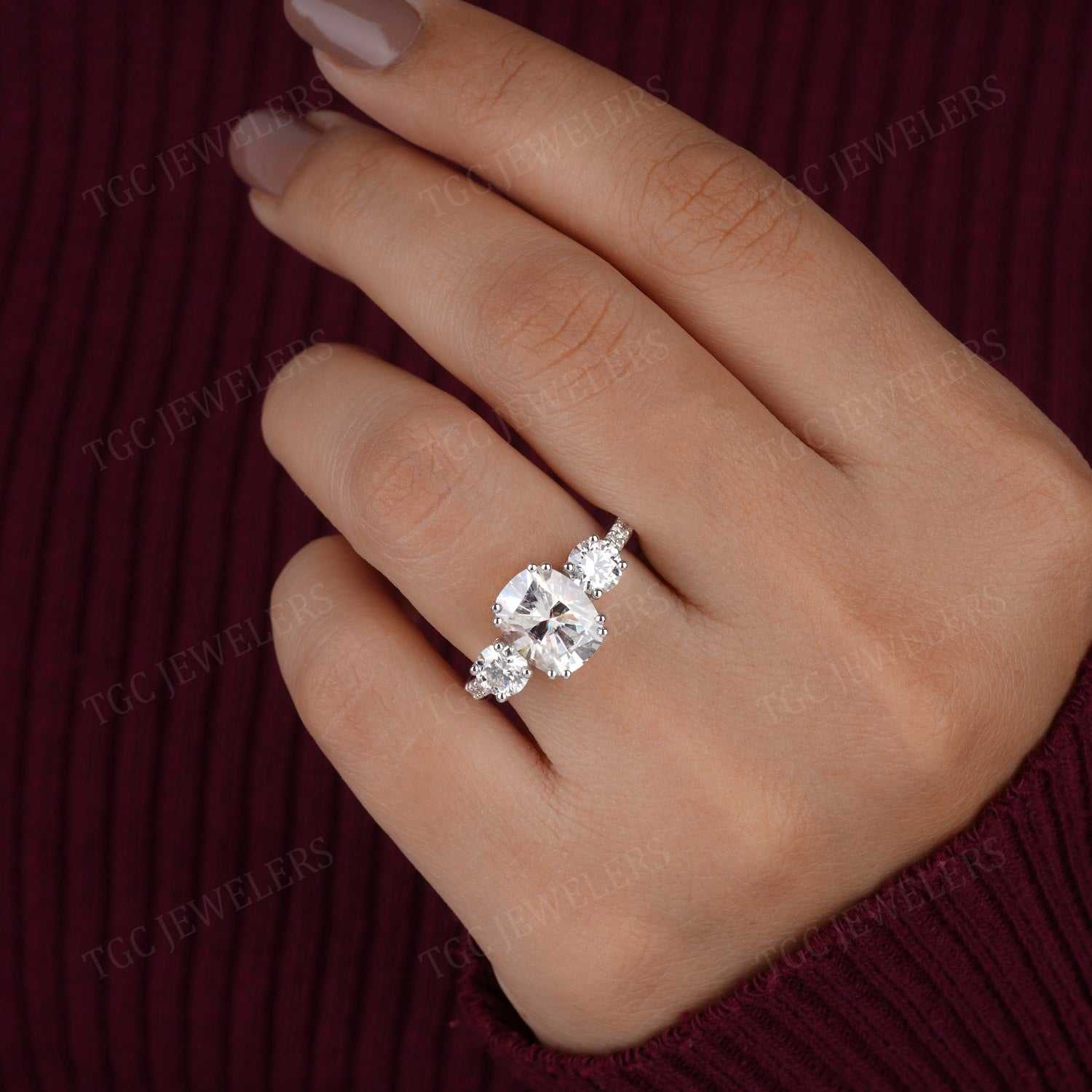 3 Stone Meghan Markle Replica Elongated Cushion Cut Moissanite Ring