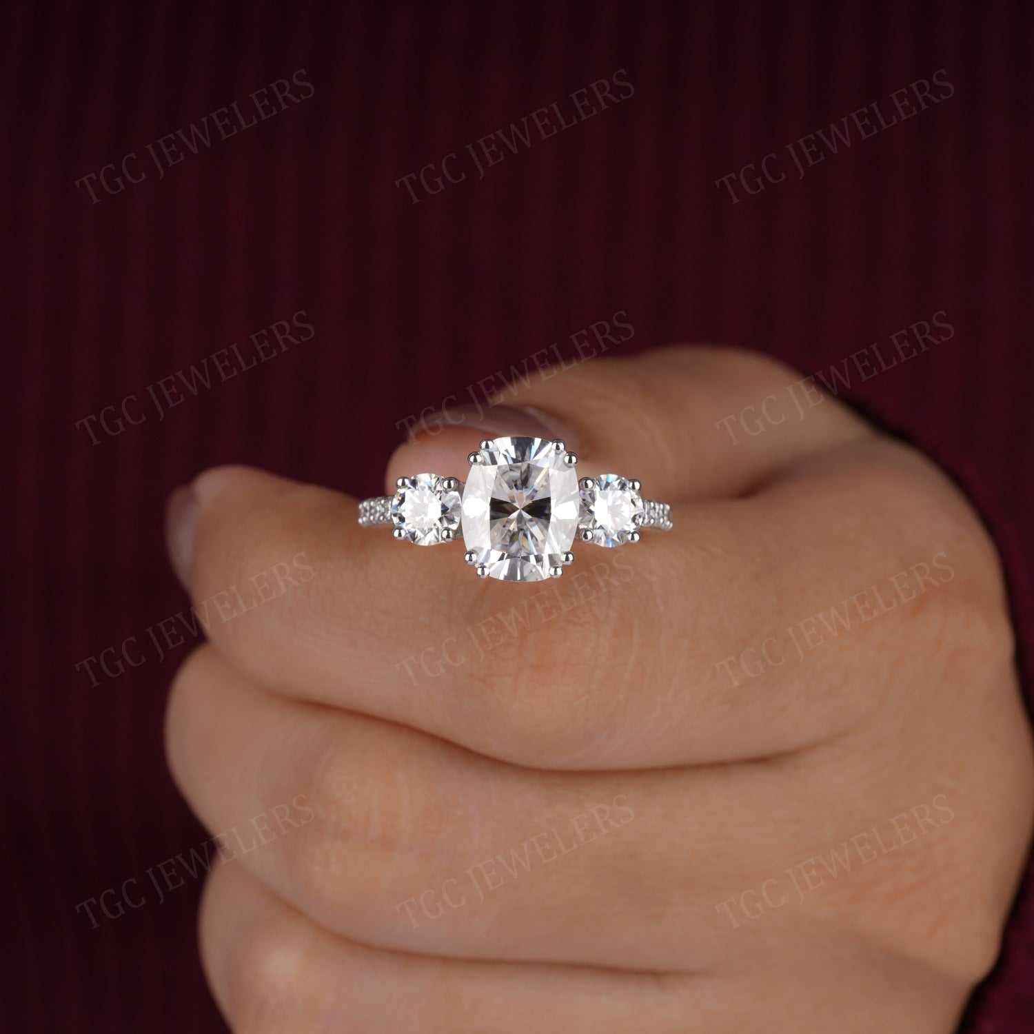 3 Stone Meghan Markle Replica Elongated Cushion Cut Moissanite Ring