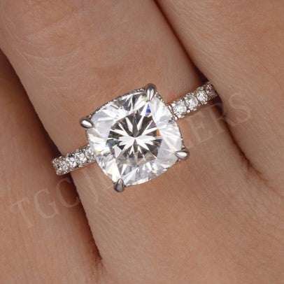 Hidden Halo Cushion Cut Moissanite Prong Set Solitaire Ring