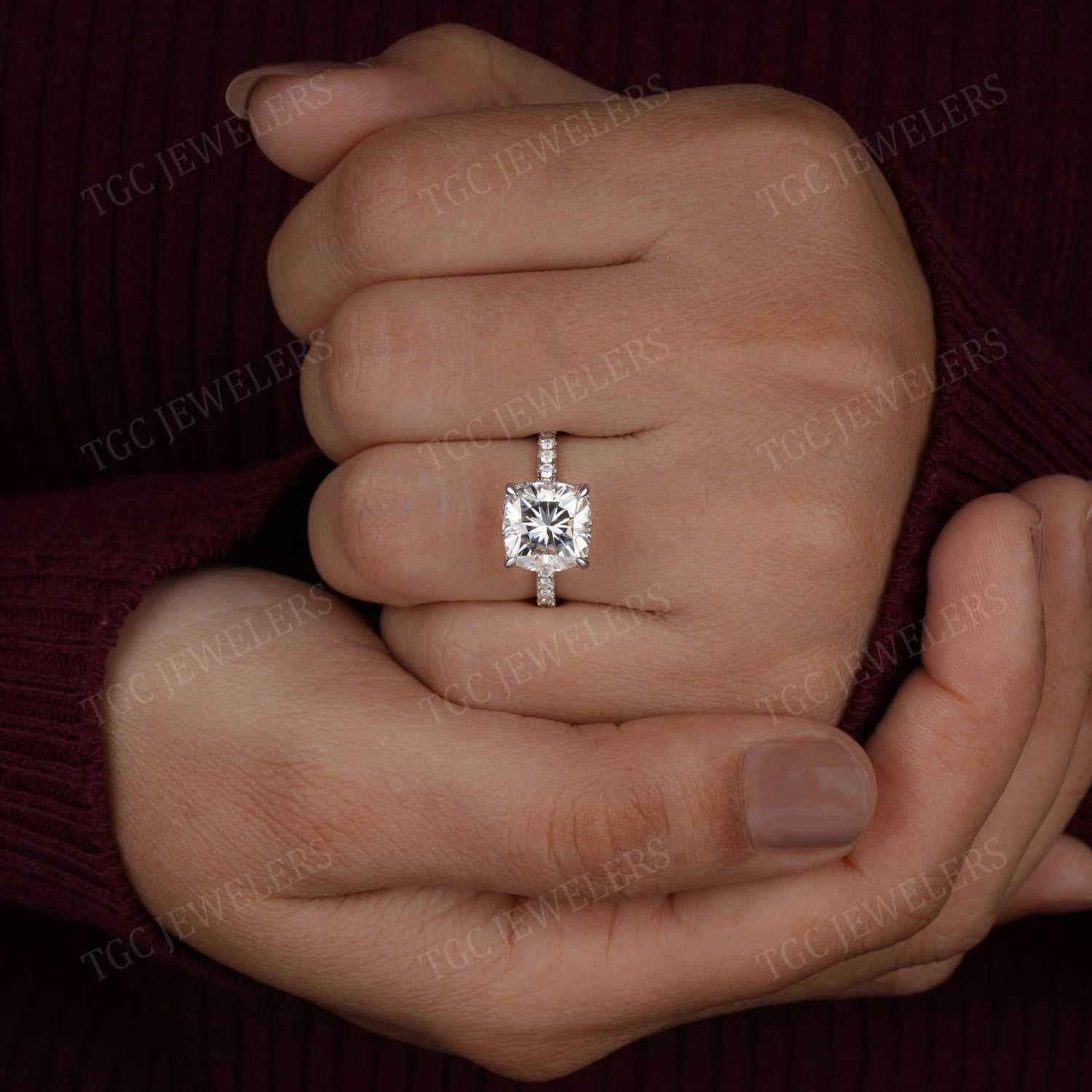 Hidden Halo Cushion Cut Moissanite Prong Set Solitaire Ring