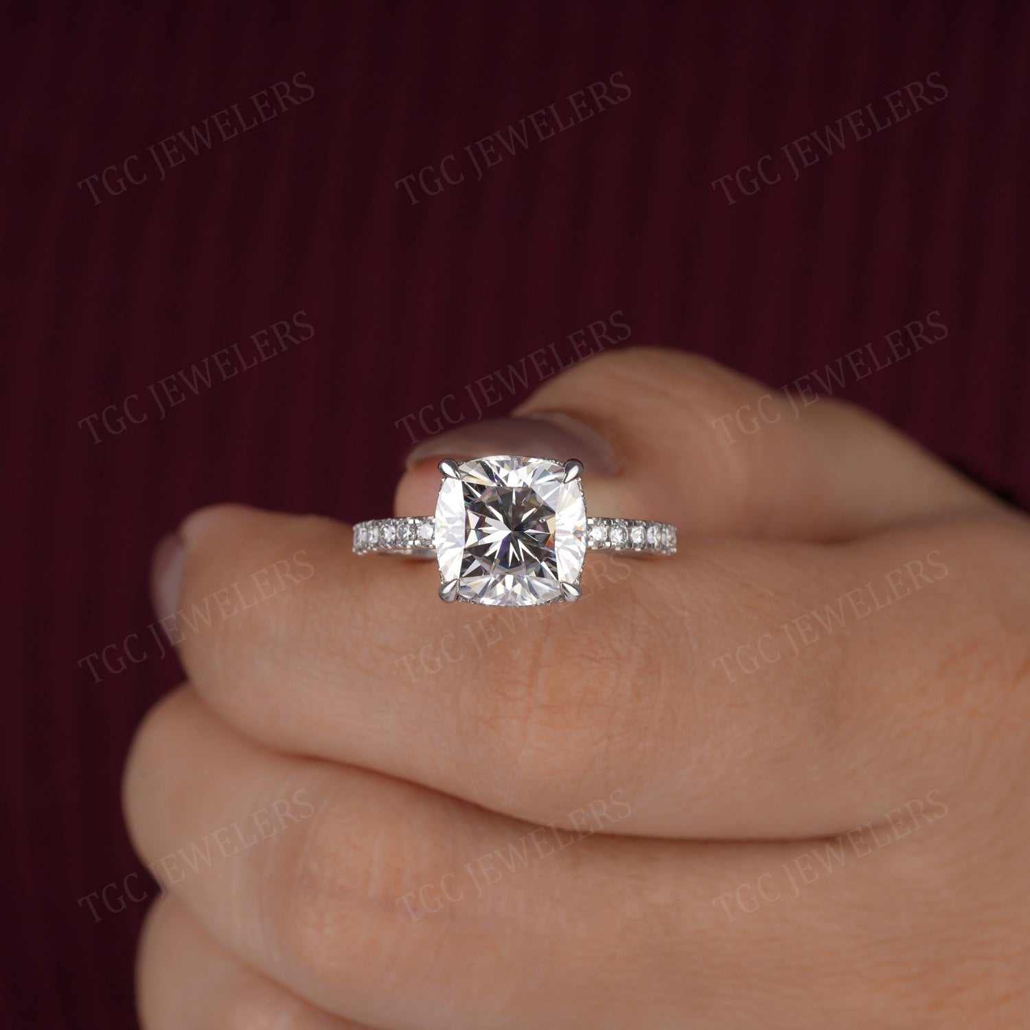 Hidden Halo Cushion Cut Moissanite Prong Set Solitaire Ring