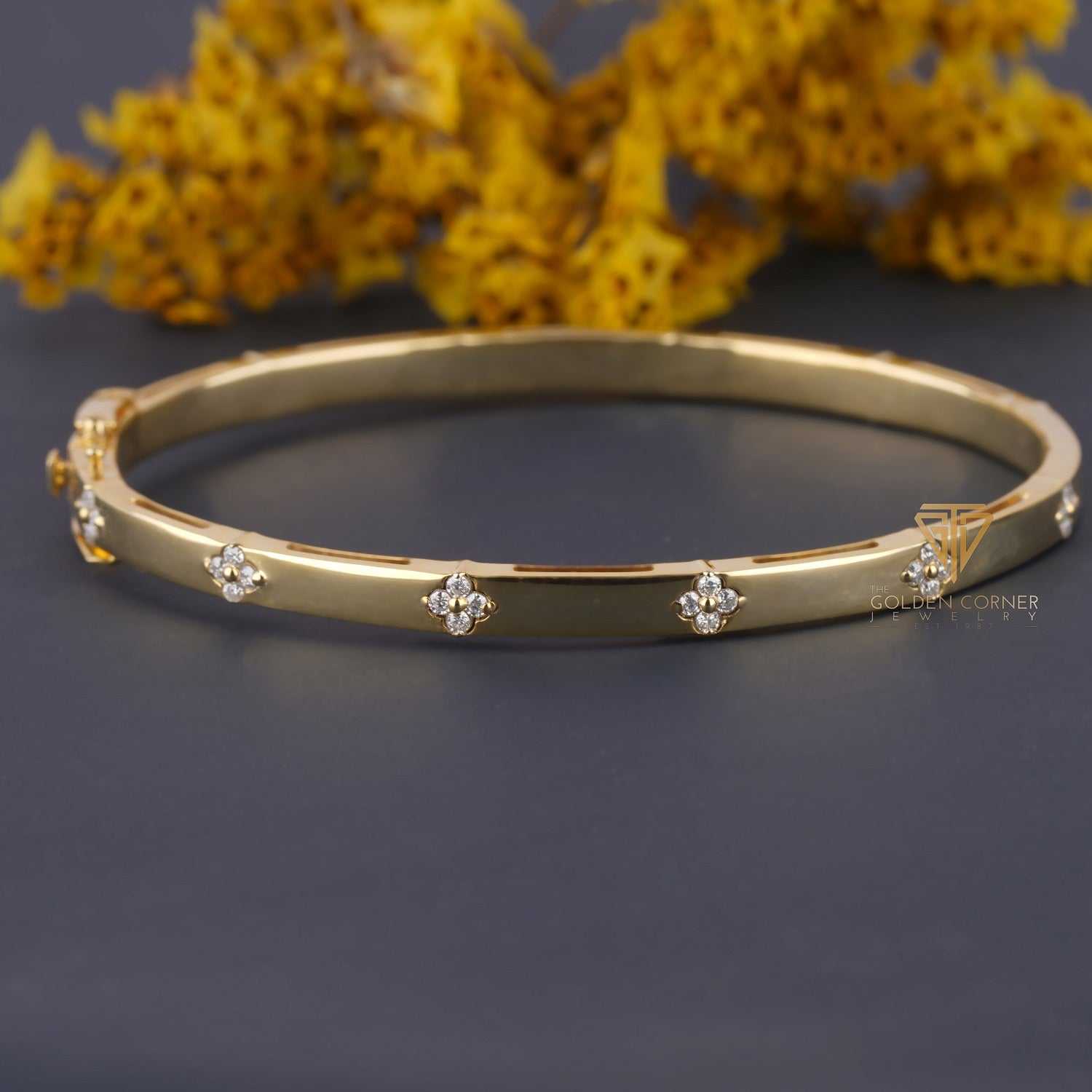 Flush Set Round Cut Four Leaf Clover Moissanite Bangle Bracelet