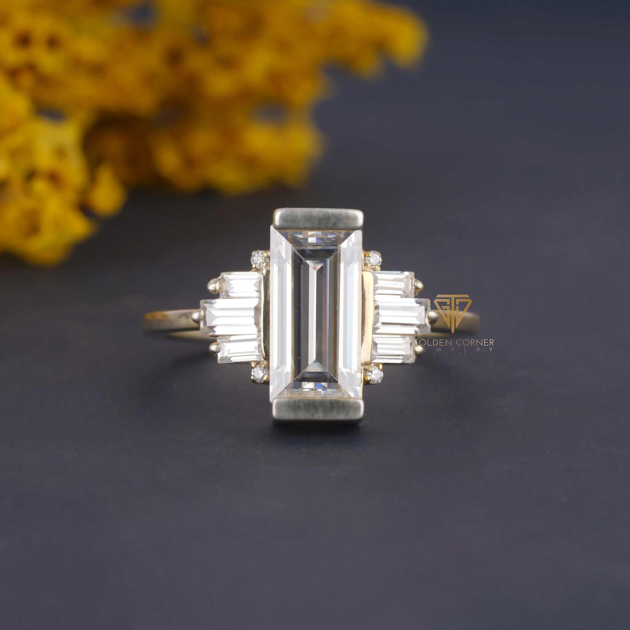 Art Deco Baguette Cut Moissanite Womens Engagement Ring