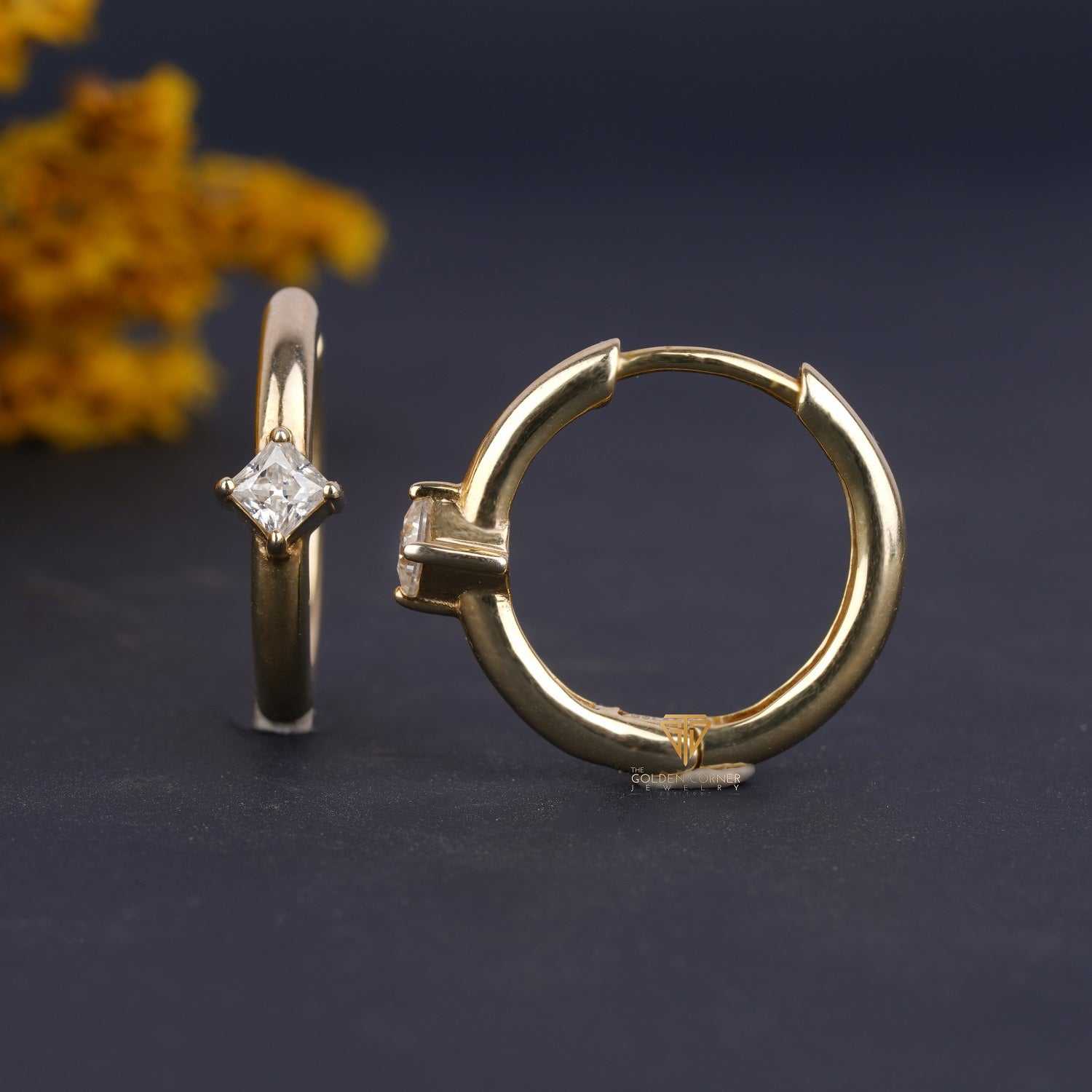 Single stone Princess Shape Hoop Huggie Moissanite Earring