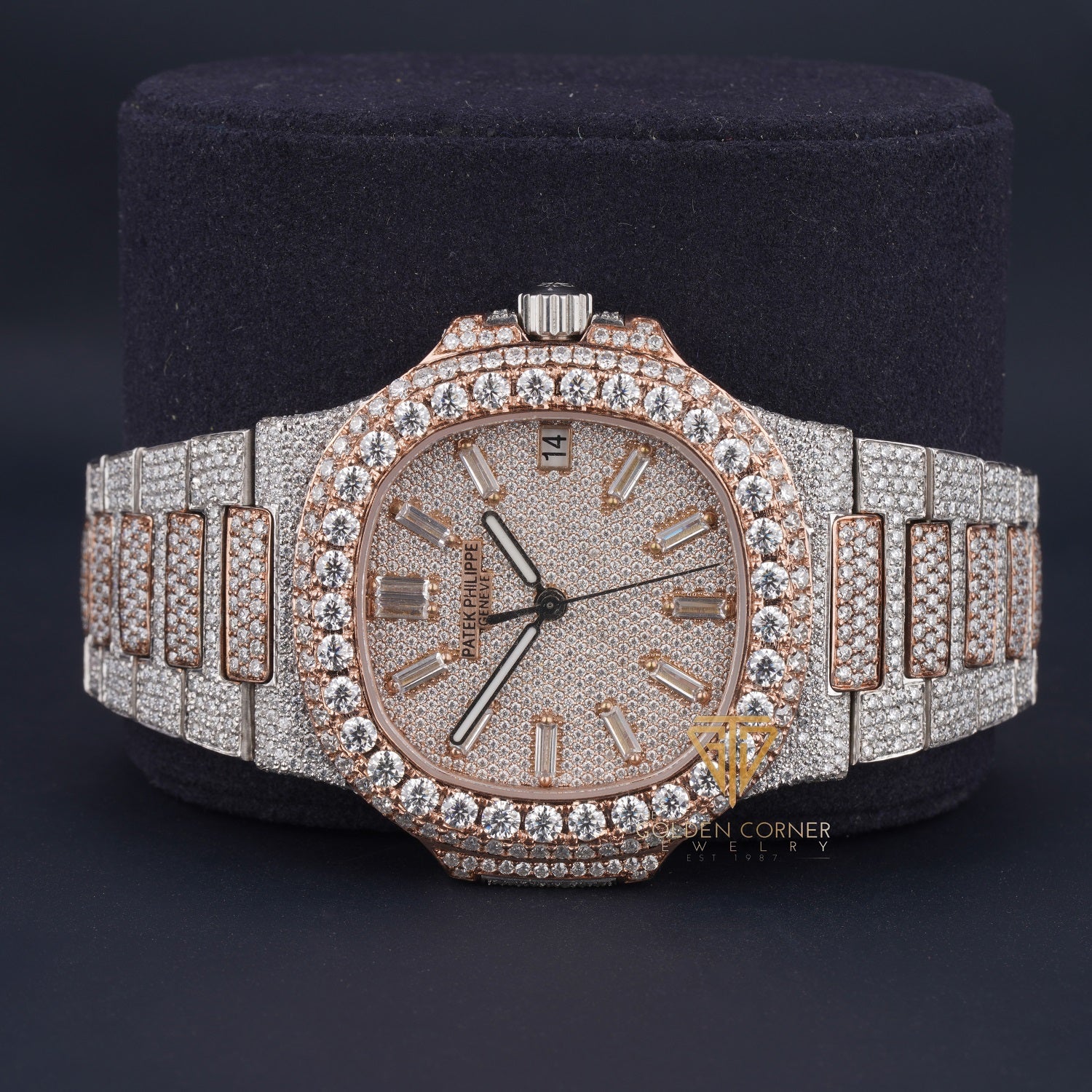 Iced Out Two Tone Moissanite Stainless Steel Sapphire Crystal Glass Automatic Watch