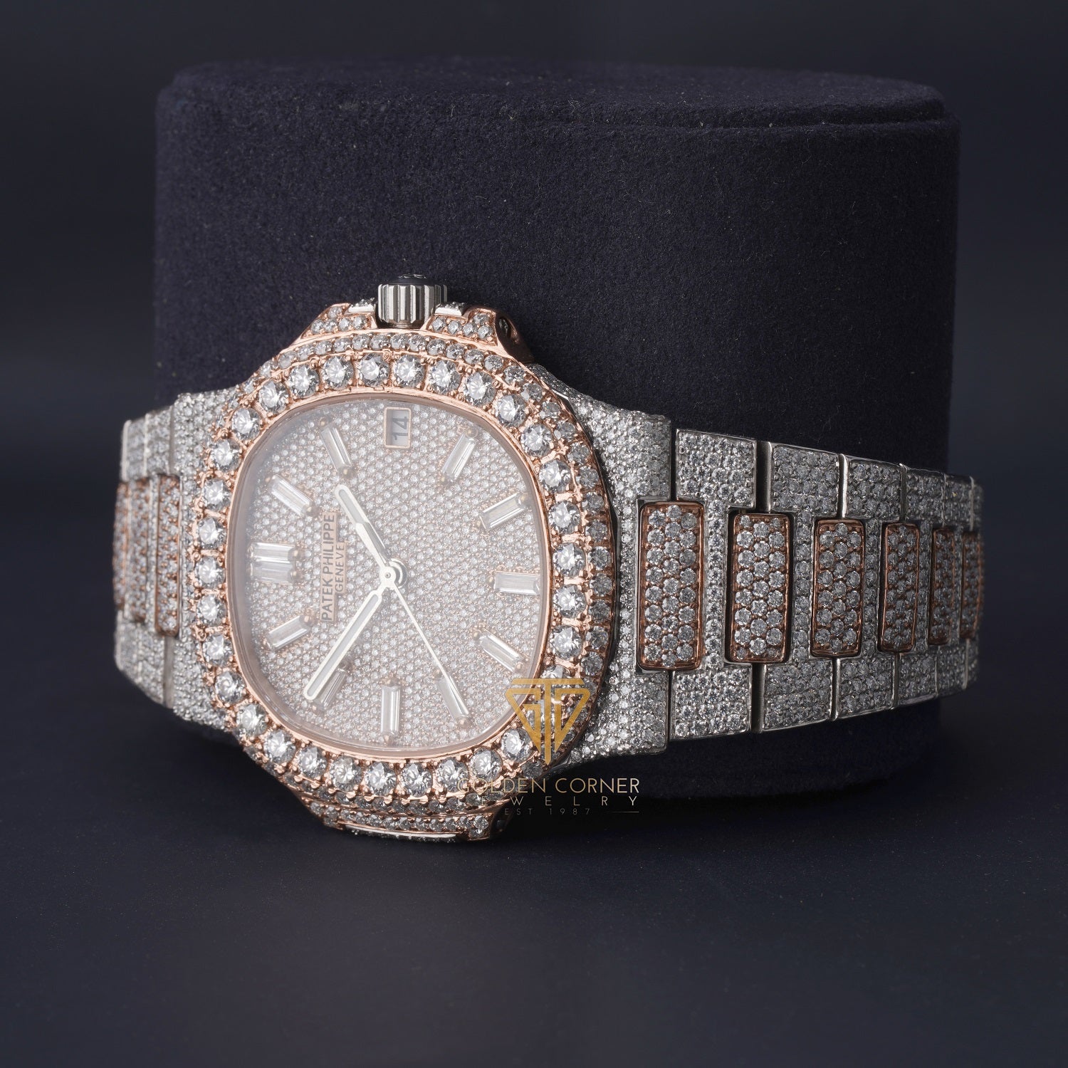 Iced Out Two Tone Moissanite Stainless Steel Sapphire Crystal Glass Automatic Watch