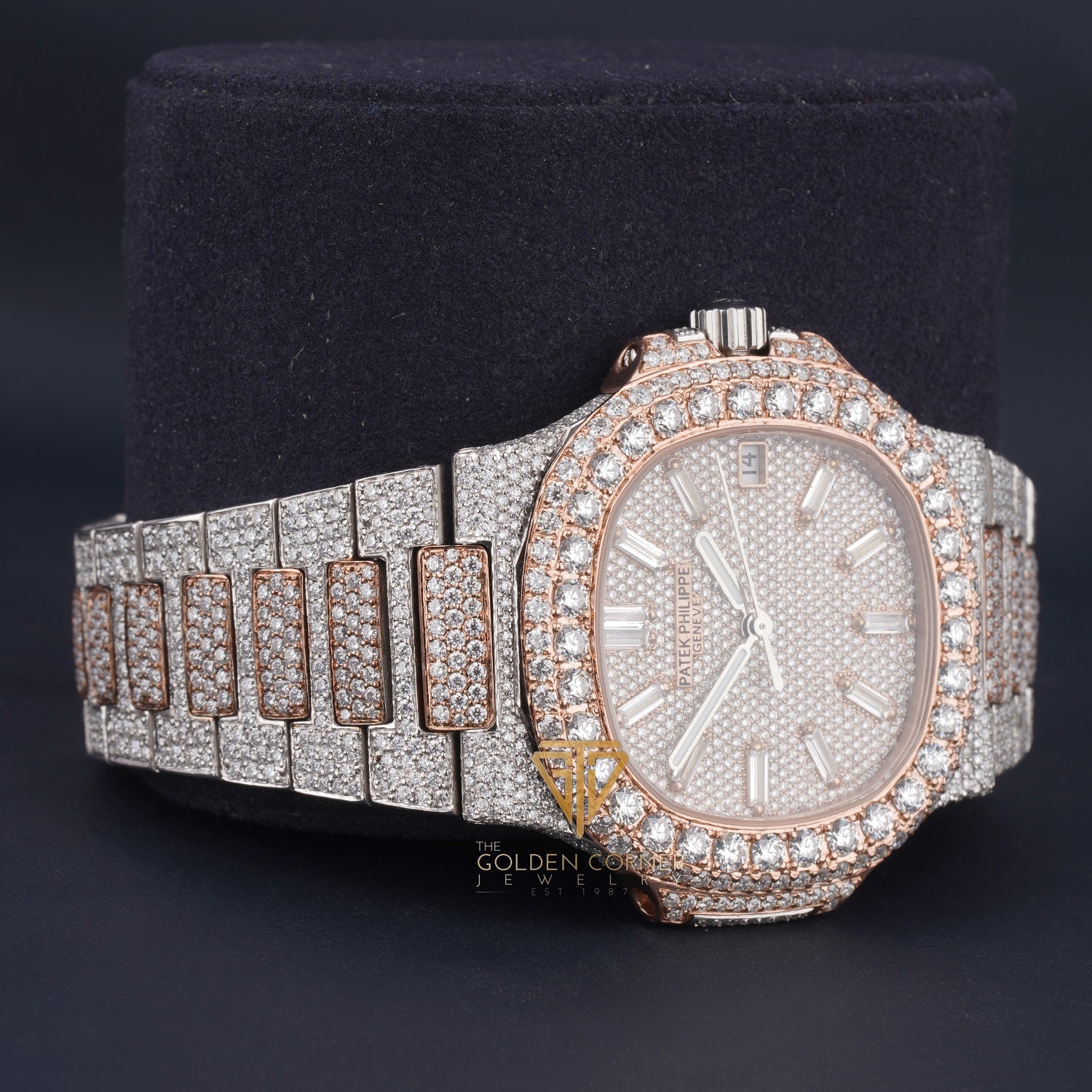 Iced Out Two Tone Moissanite Stainless Steel Sapphire Crystal Glass Automatic Watch