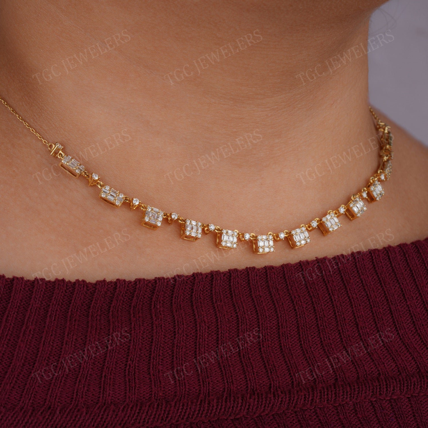 2.03 CT Baguette & Round Cut Moissanite Diamond Necklace