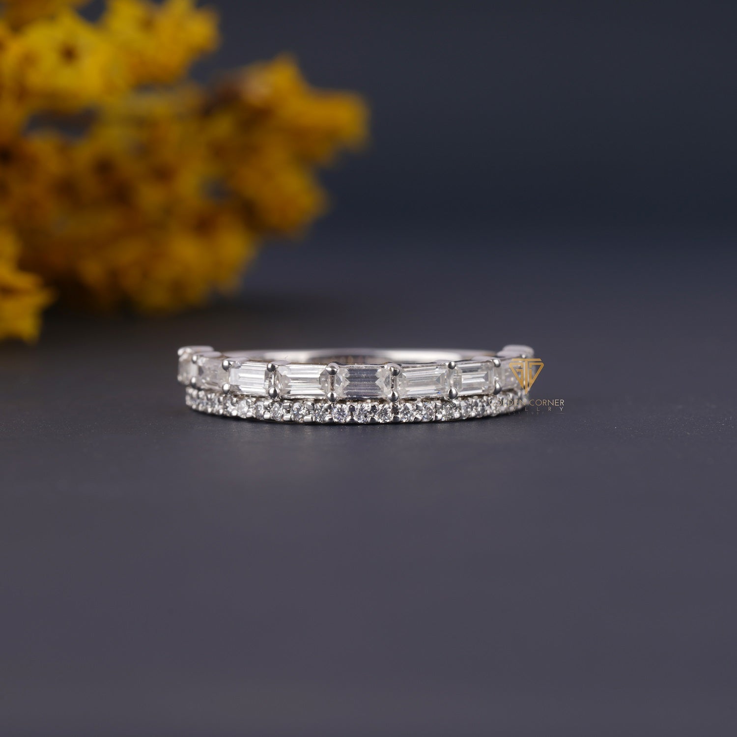 0.80 CT/3.3 MM Baguette & Round Cut Moissanite Half Band Ring