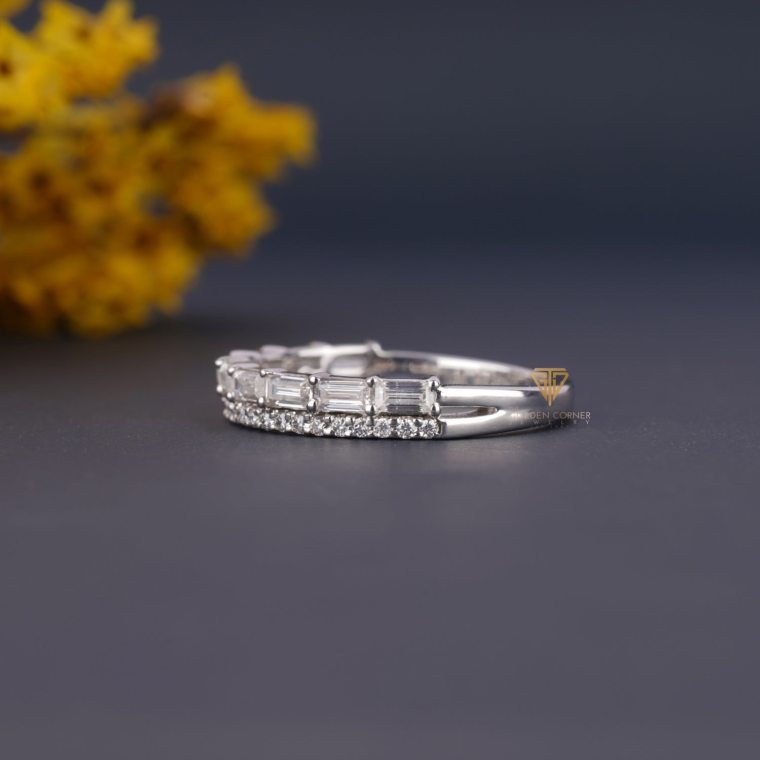 0.80 CT/3.3 MM Baguette & Round Cut Moissanite Half Band Ring