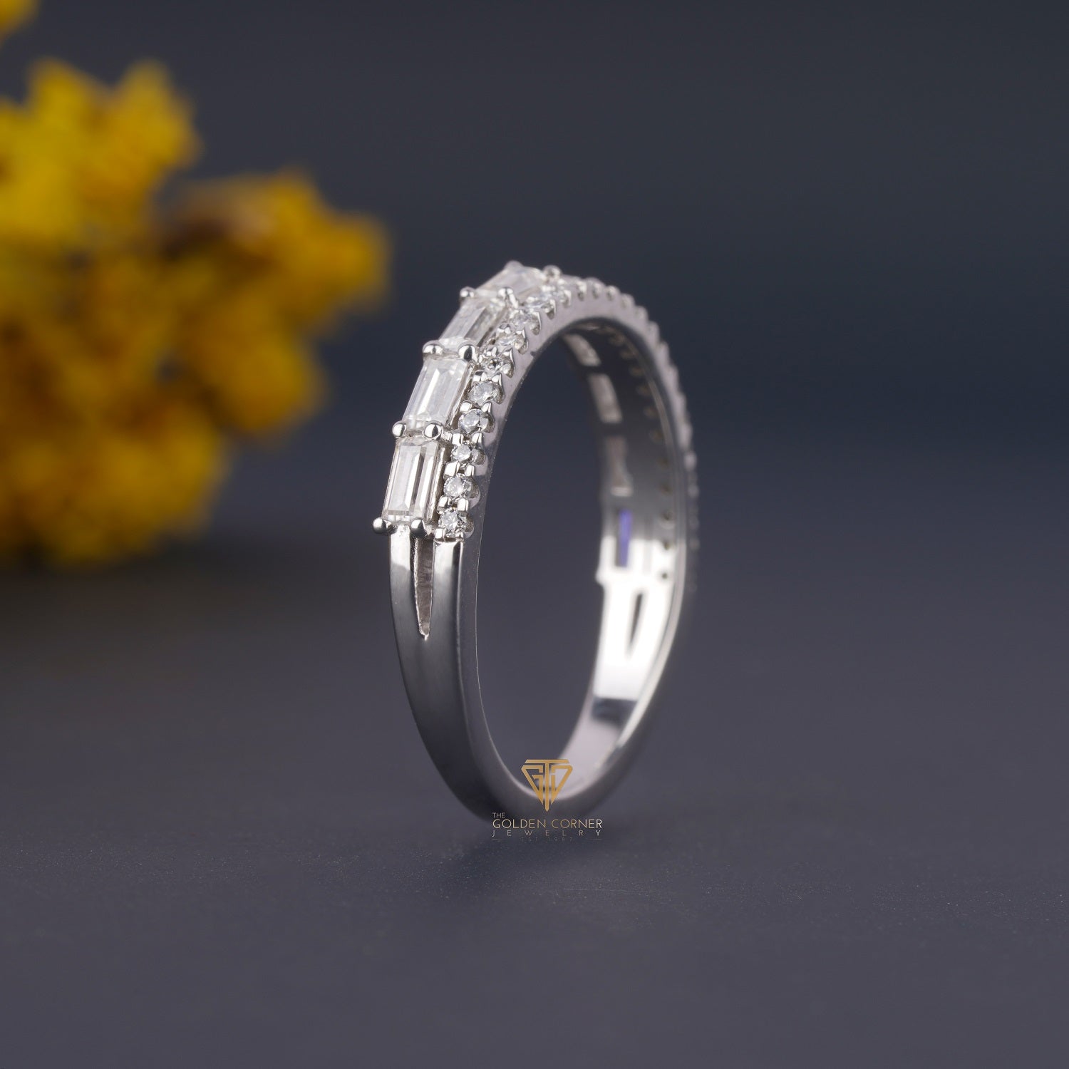 0.80 CT/3.3 MM Baguette & Round Cut Moissanite Half Band Ring