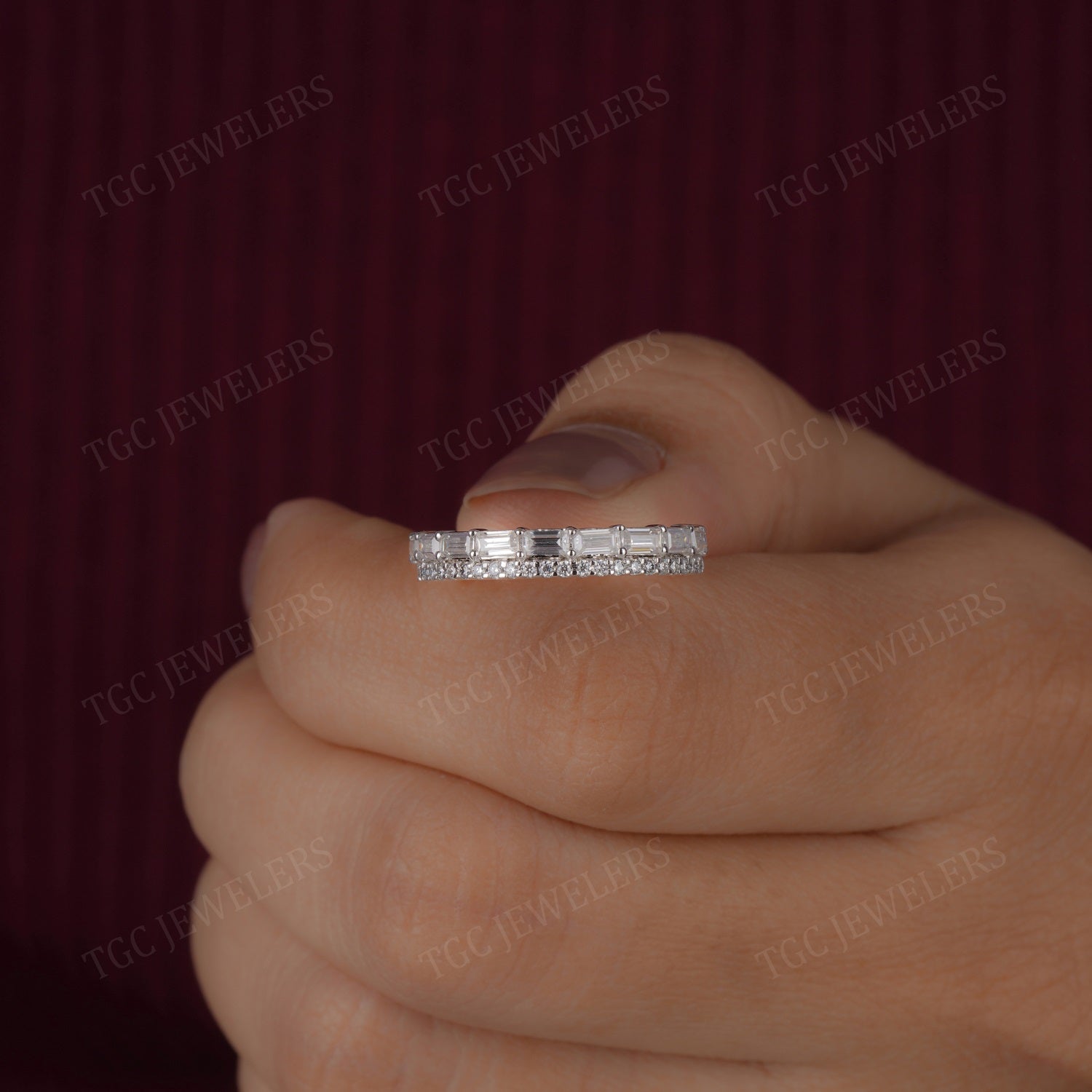 0.80 CT/3.3 MM Baguette & Round Cut Moissanite Half Band Ring